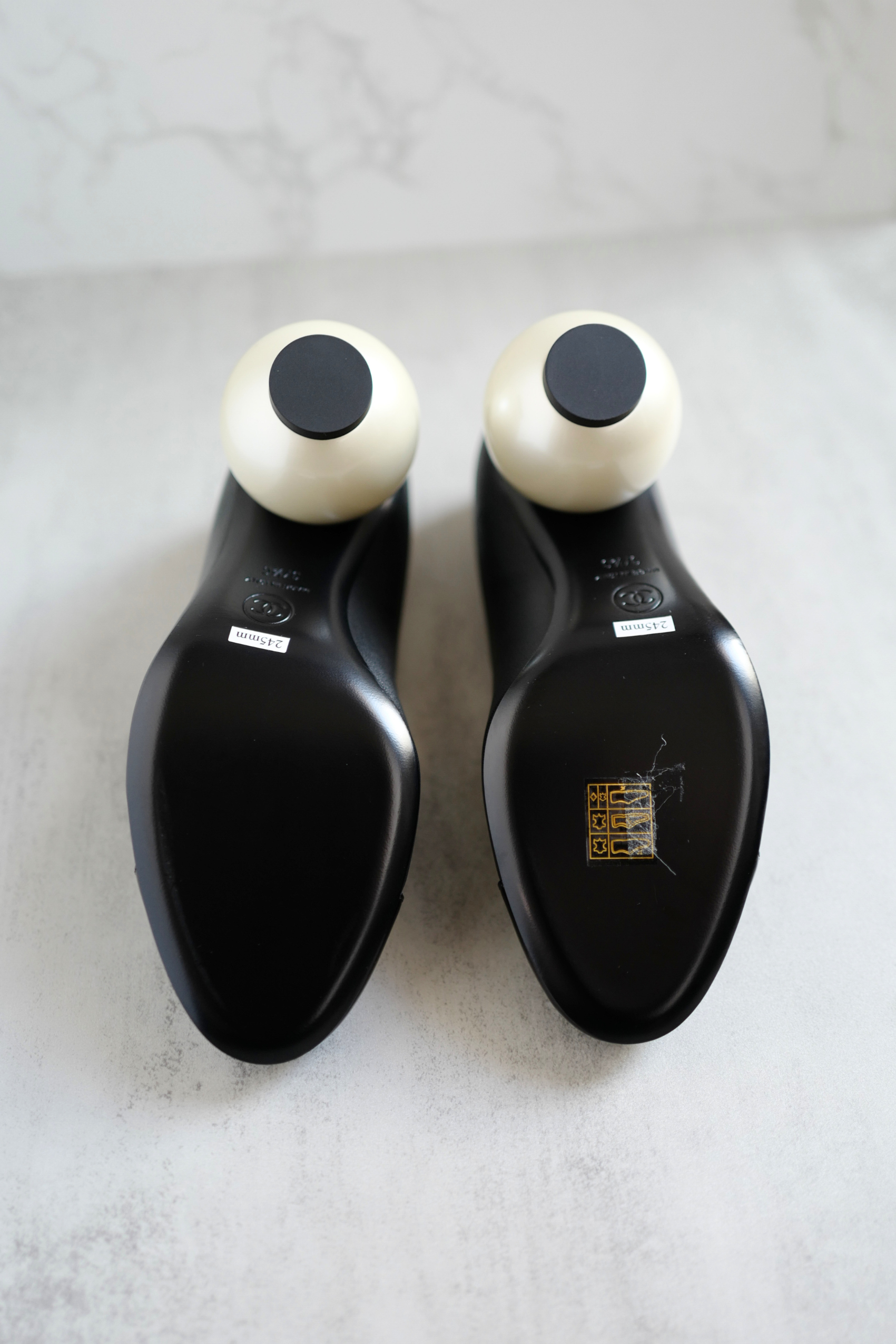 Chanel Mary Jane Black Leather Cap Toe Heels Size 37.5