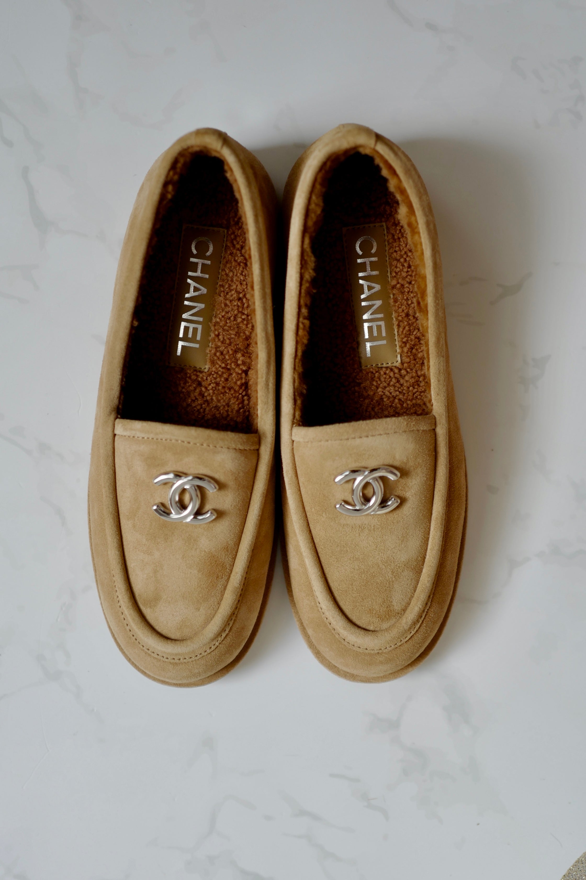 CHANEL 24K Shearling Lined Suede Calfskin CC Loafers Moccasins Shoes Size 38