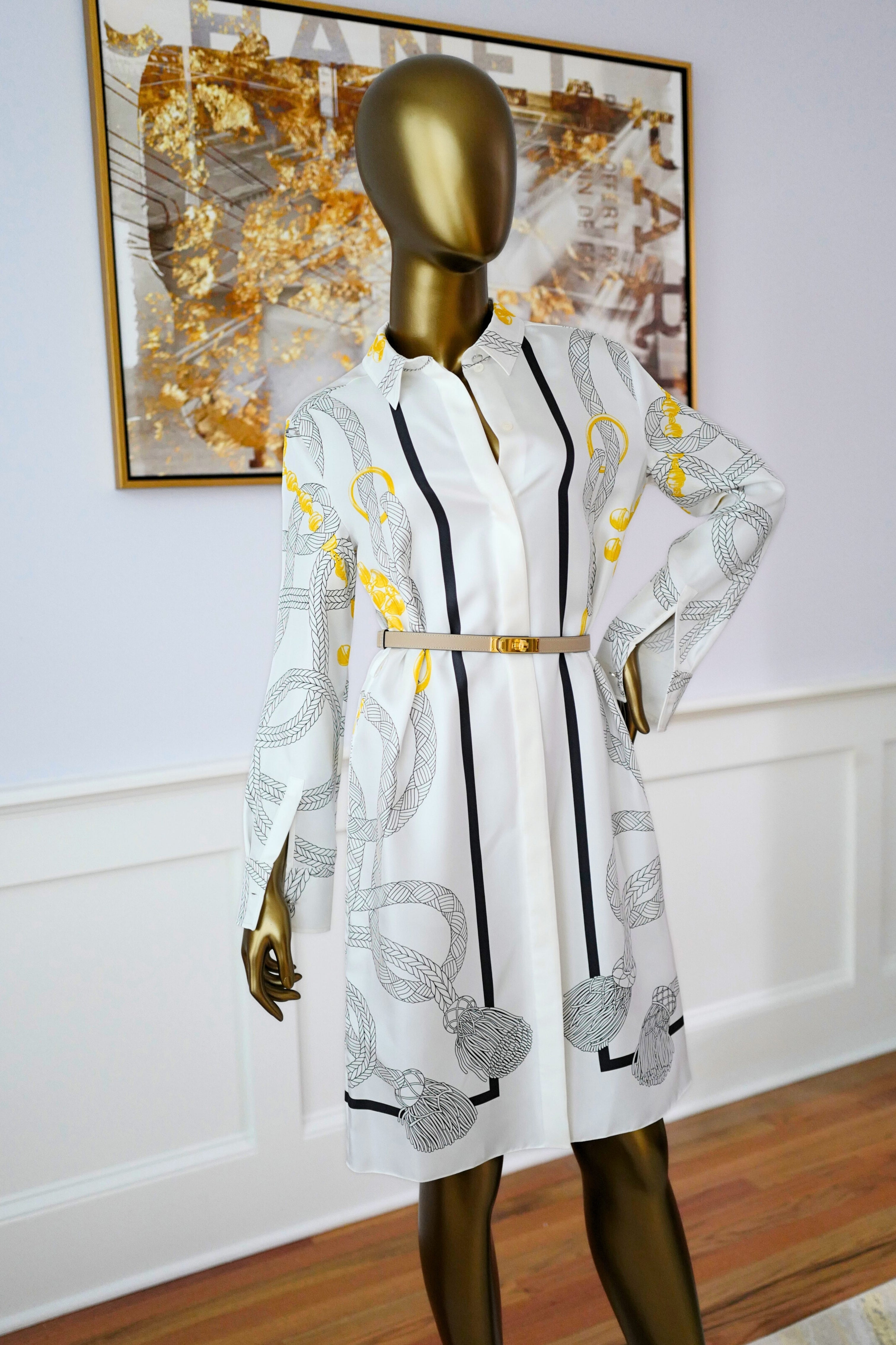 NEW Hermès "Palefroi Remix" Shirt Dress Blanc Nacre Silk Size 36