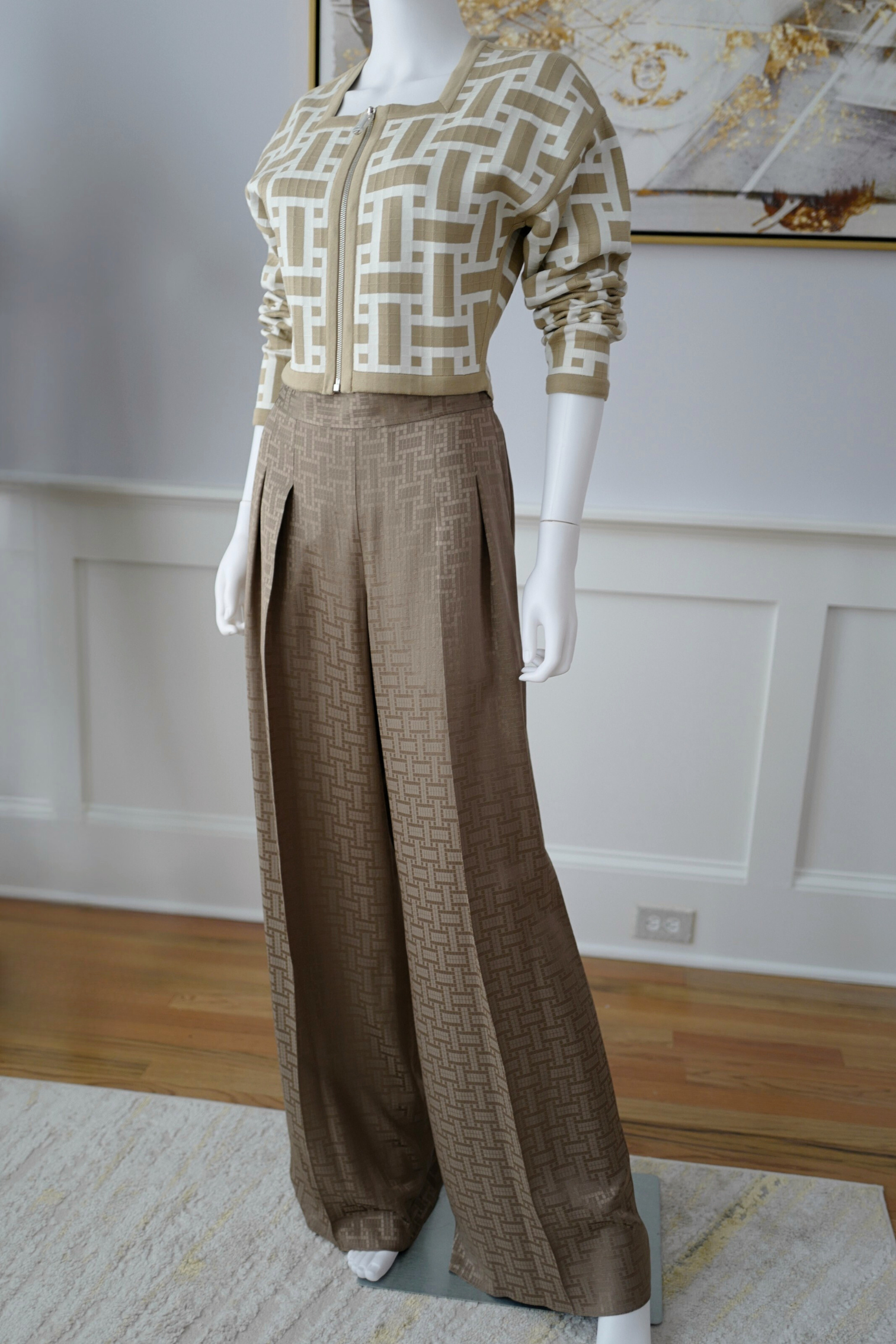 NEW Hermès "Mosaique" Wide Leg Pants Etoupe Size 34