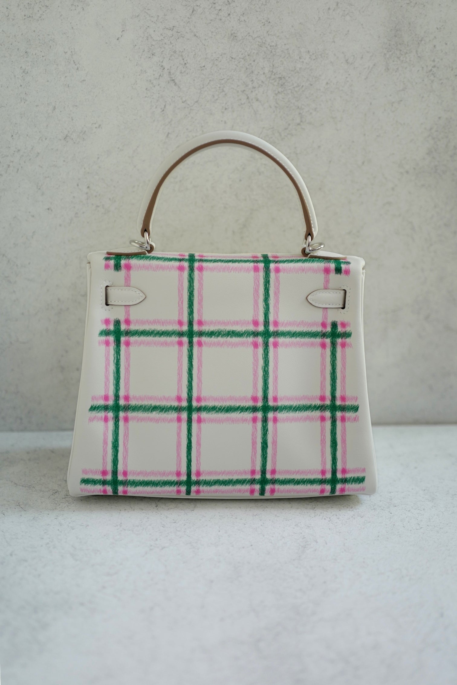 BNIB Hermès Kelly 25 Sellier Tartan Pattern White Leather Handbag With Palladium Hardware