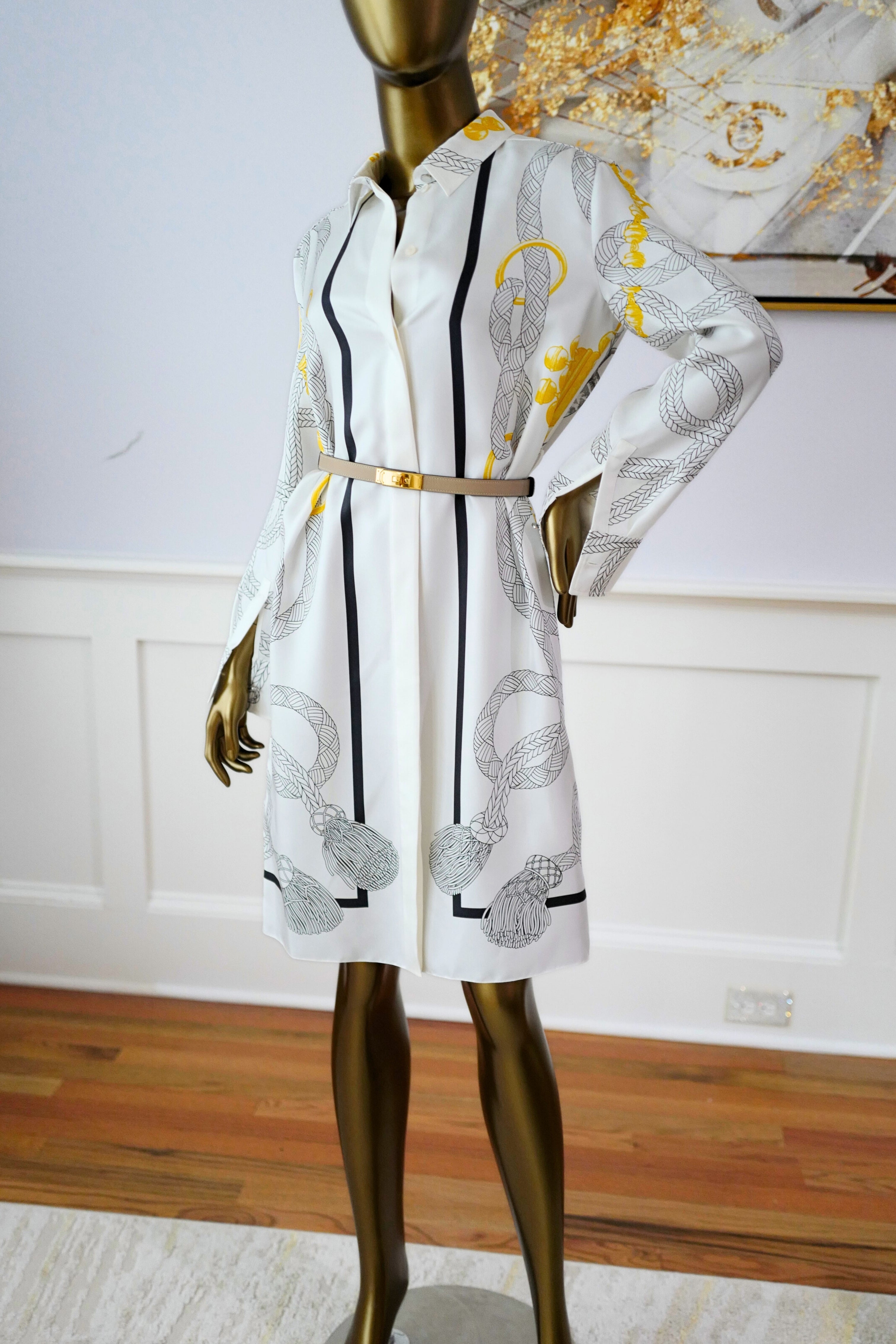 NEW Hermès "Palefroi Remix" Shirt Dress Blanc Nacre Silk Size 36