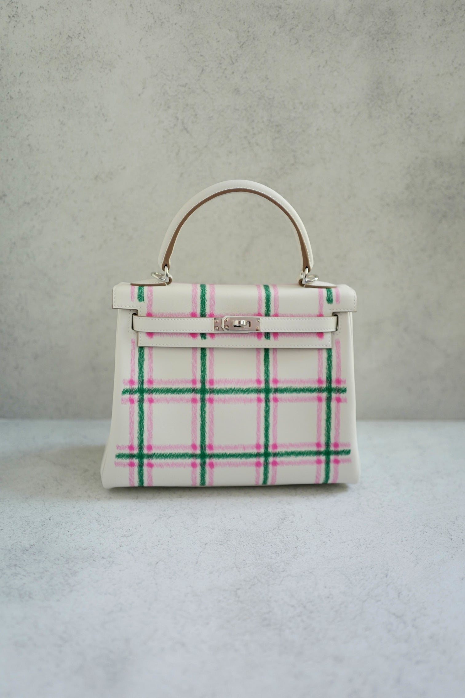 BNIB Hermès Kelly 25 Sellier Tartan Pattern White Leather Handbag With Palladium Hardware