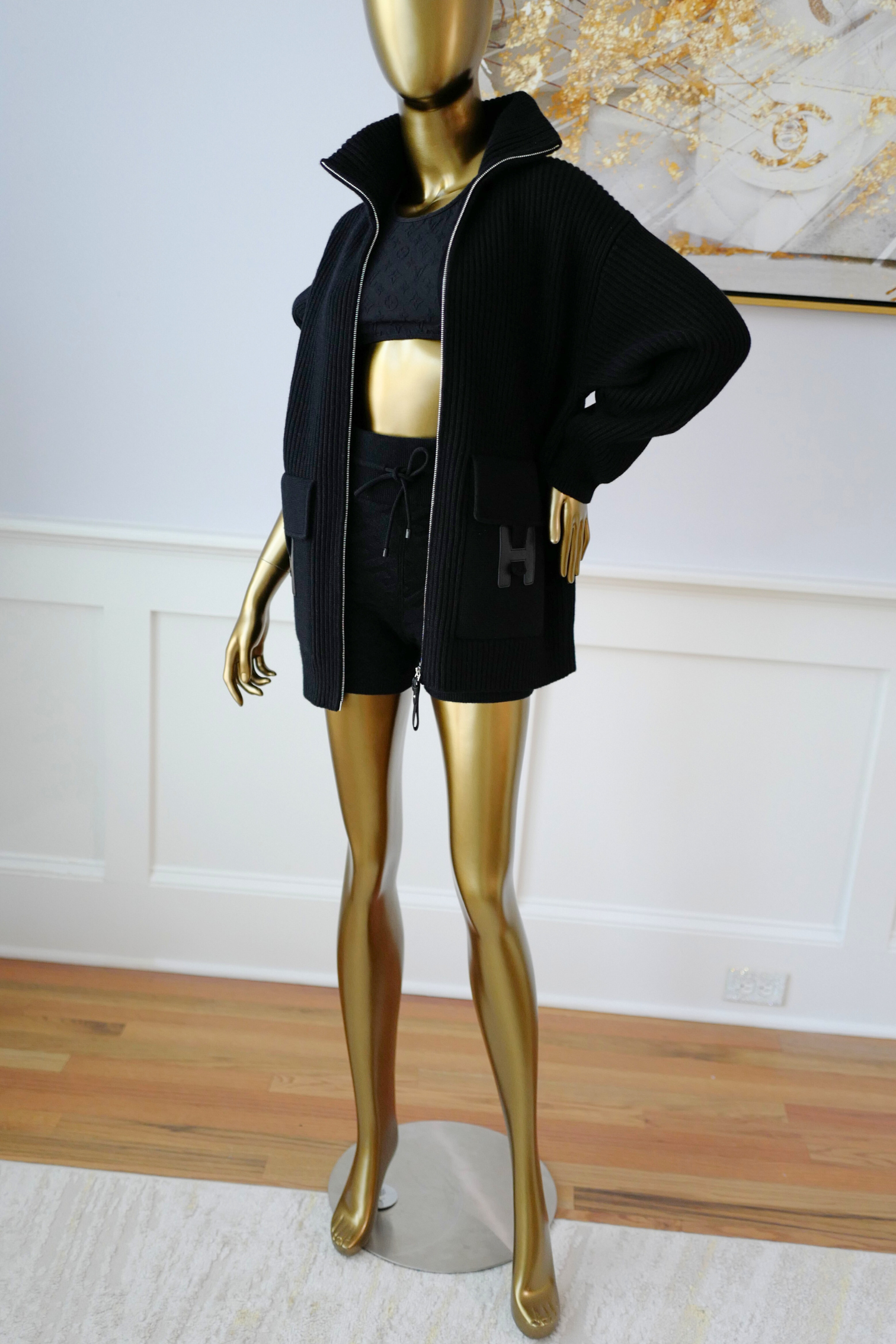 NEW Hermès Blouson Cardigan H Pockets Black Size 36 Wool Jacket