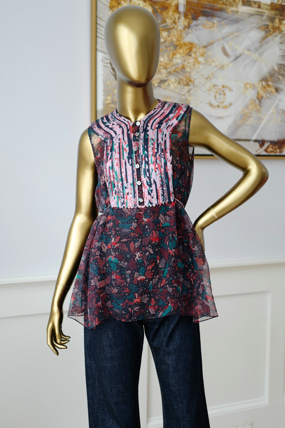 Hermes Silk Blouse Ennobli A Plastron Ox Bleu Marin Sleeveless 36 NEW Two Pcs