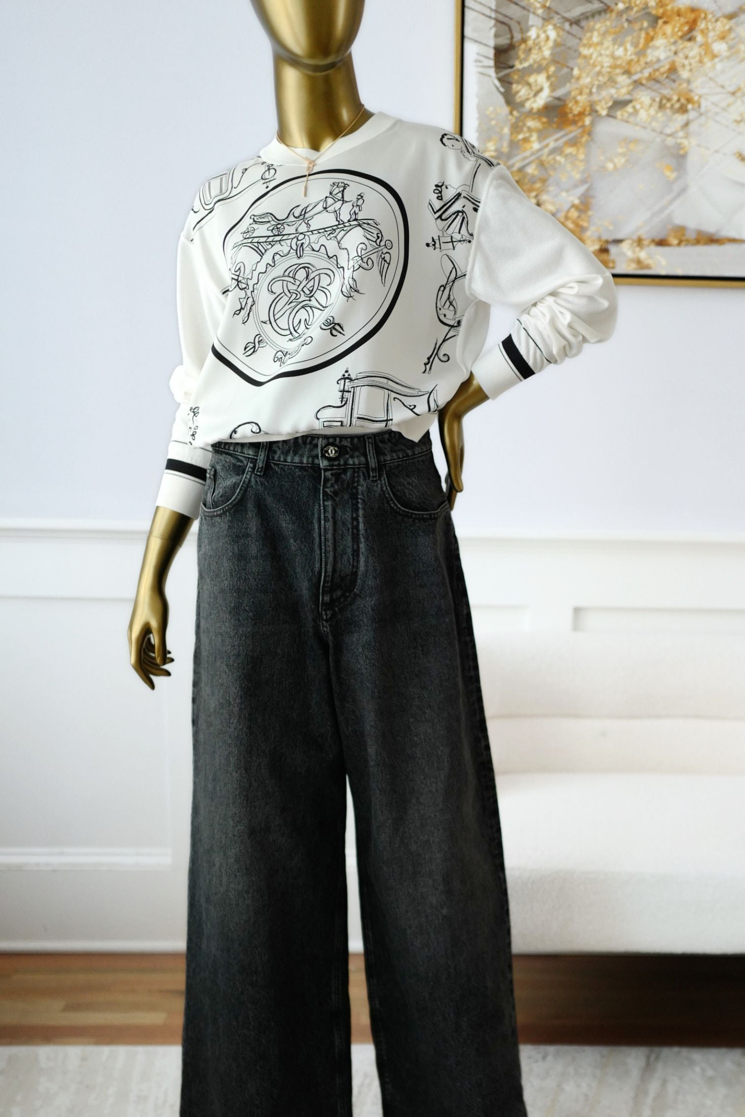 Hermès "Ex-Libris A Main Levee" Twillaine Sweater Blanc Nacre Silk Size 36