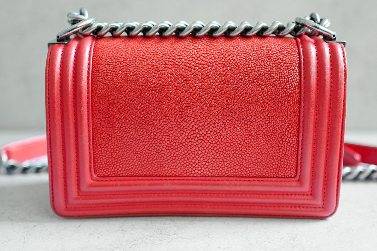 Preloved Chanel Boy Red Small In Stingray Ruthenium HW Limited Edition #18