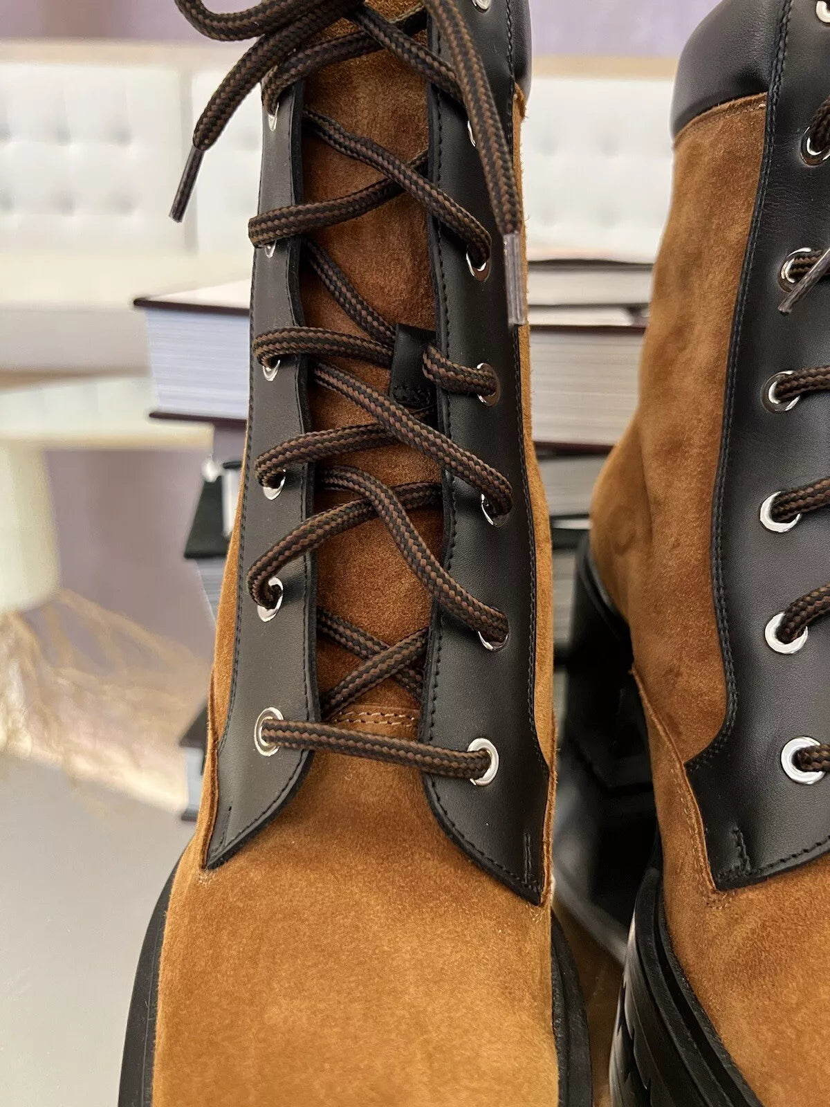 Hermes Bridge Suede Combat Boots Size 37.5 In Brown Over $1800 Retail