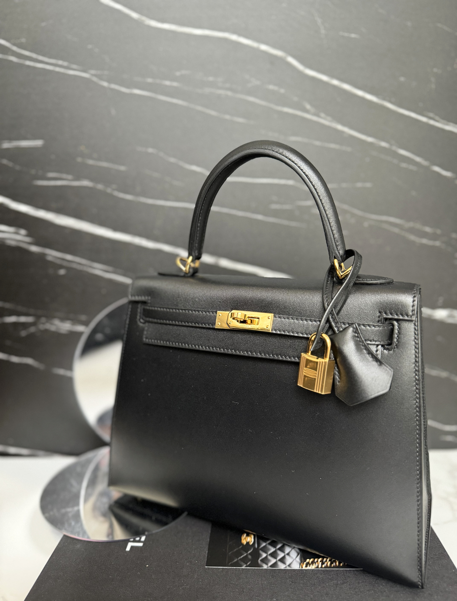 Hermes Kelly 25 Black Tadelakh Sellier Gold HW Complete Original Receipt NEW