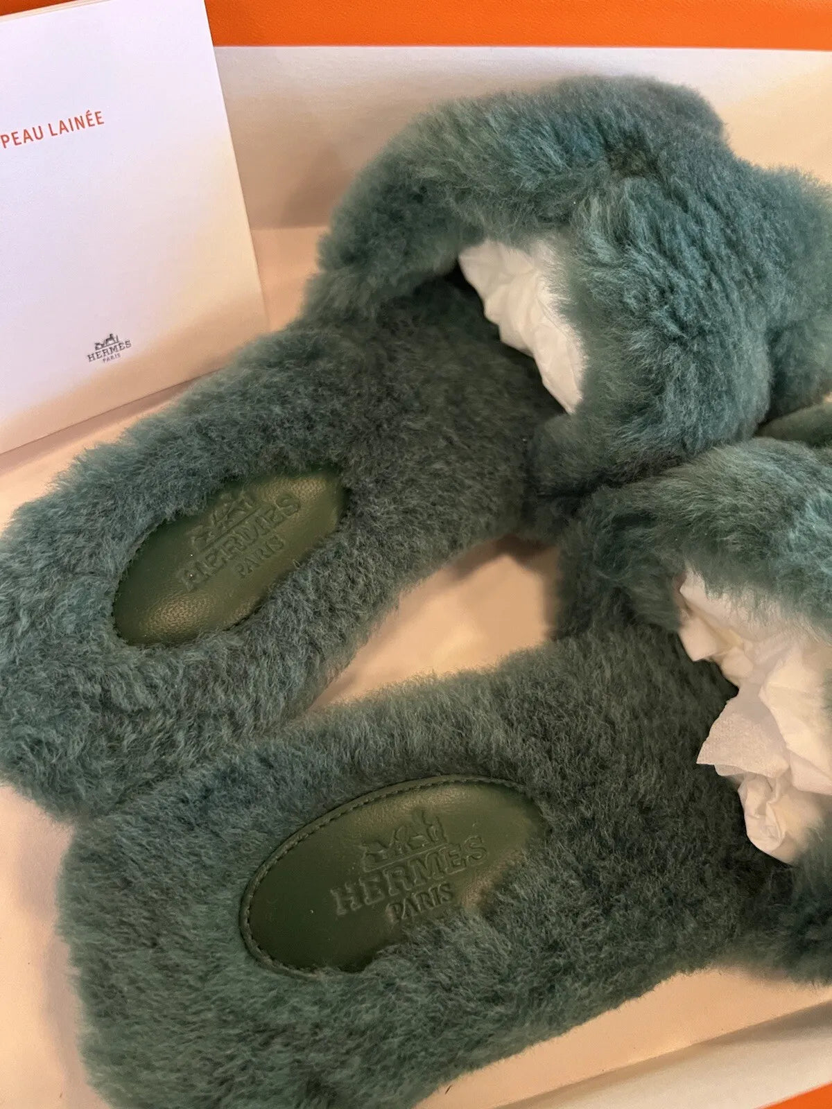 Hermes Oran Vert Anglais Fur Pom Pom Fuzzy Size 37.5 BNIB