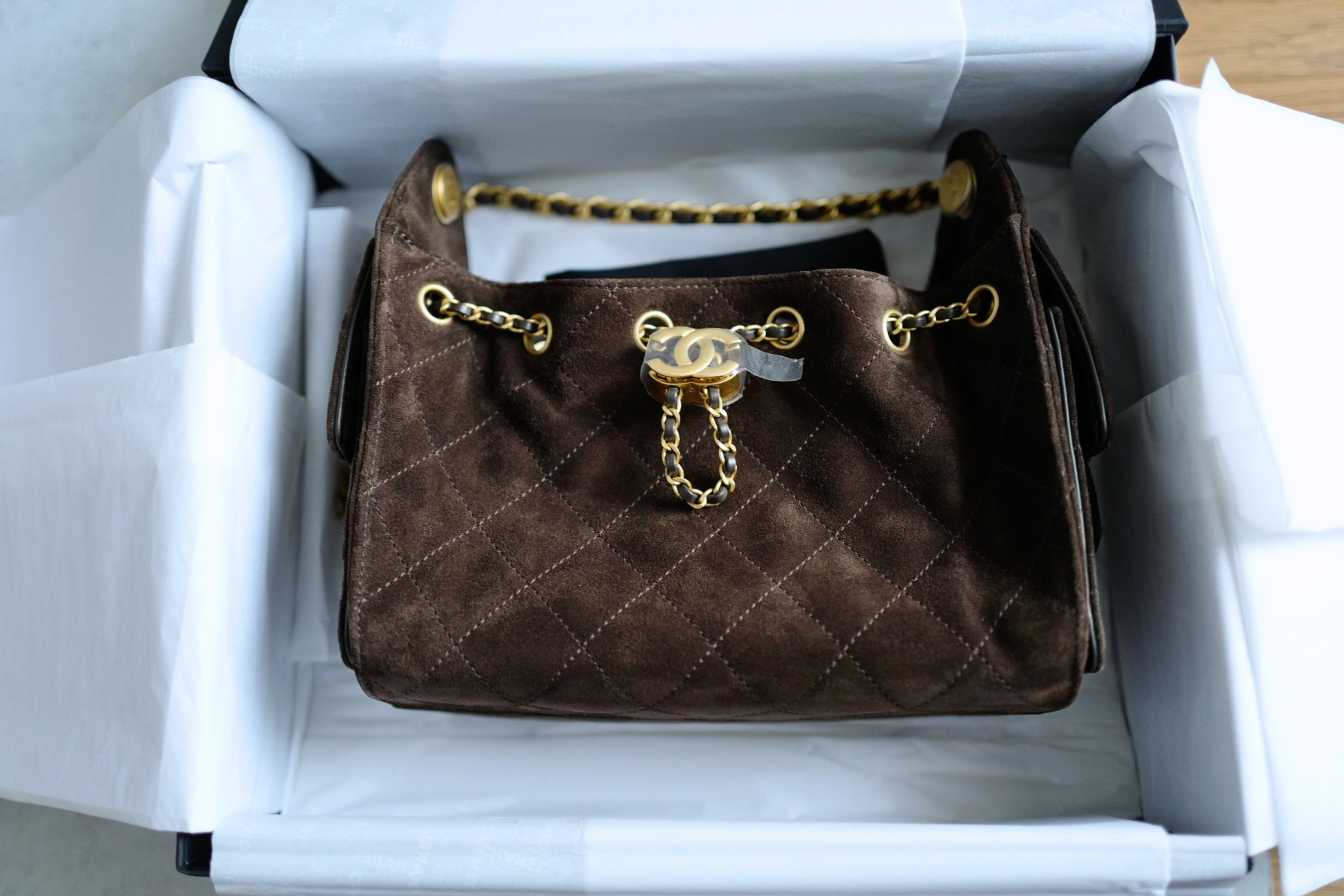 Chanel 26C Mini Hobo Shoulder Bag Dark Brown Suede Calfskin Gold Hardware