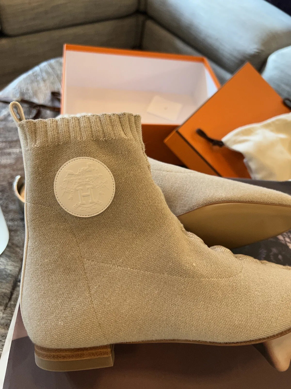 Hermes Duo ankle boots H Knit In Nocciola/ Blanc Size 37.5 BNIB