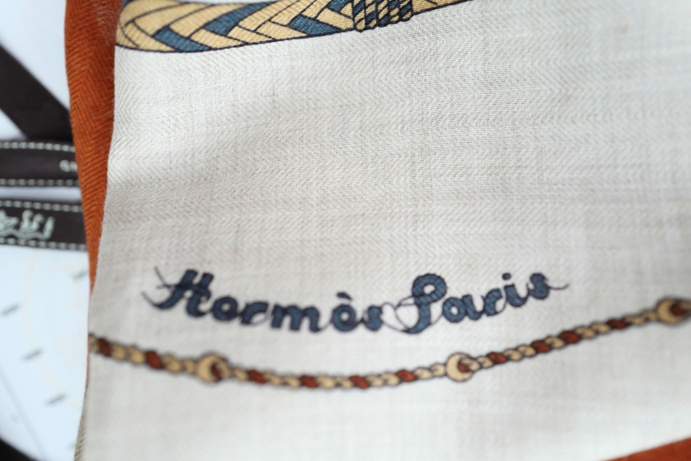 Hermès Clic-Clac Triangle Scarf Orange Cuit /Naturel/Caramel Cashmere Silk