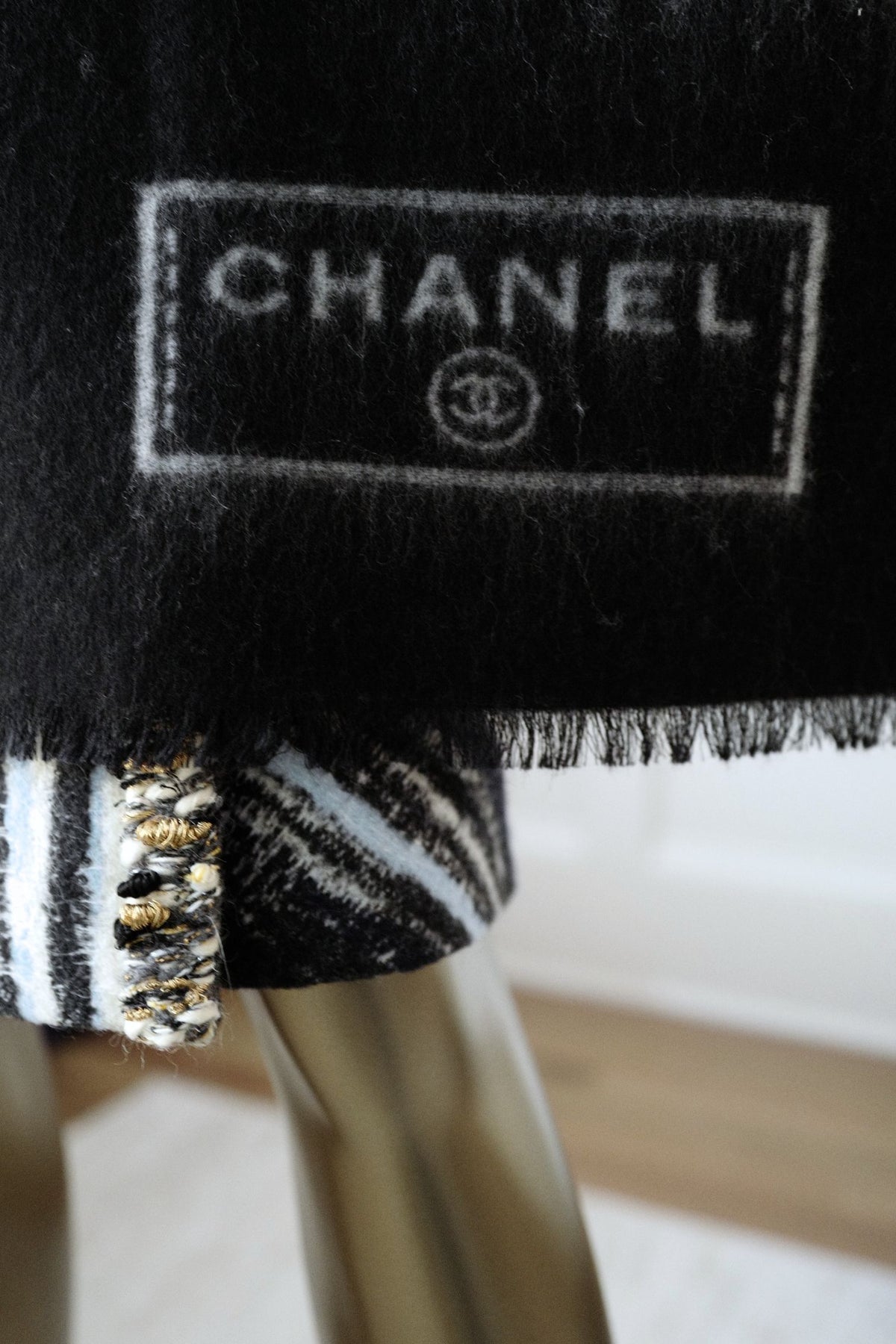 NEW Chanel 25B Black White Wool & Silk Scarf with Pearl Decoration
