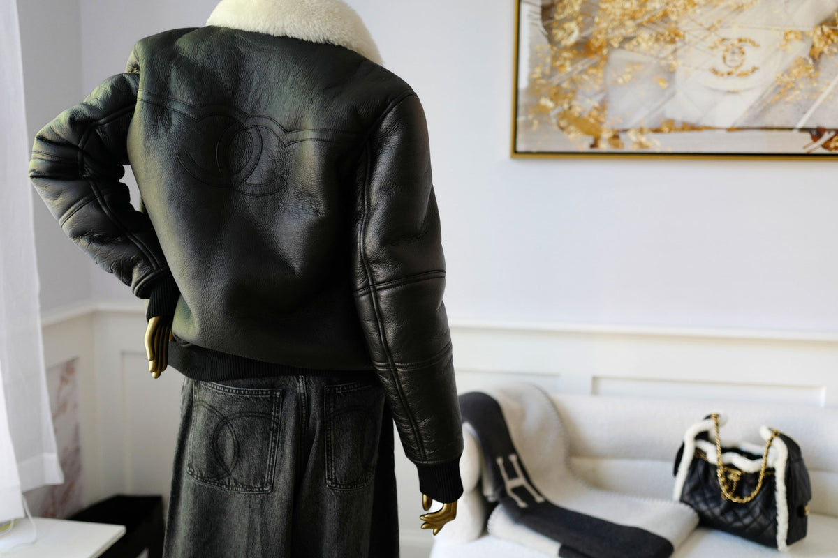 Chanel 26B Blouson Jacket Black White Shearling Lambskin Size 36