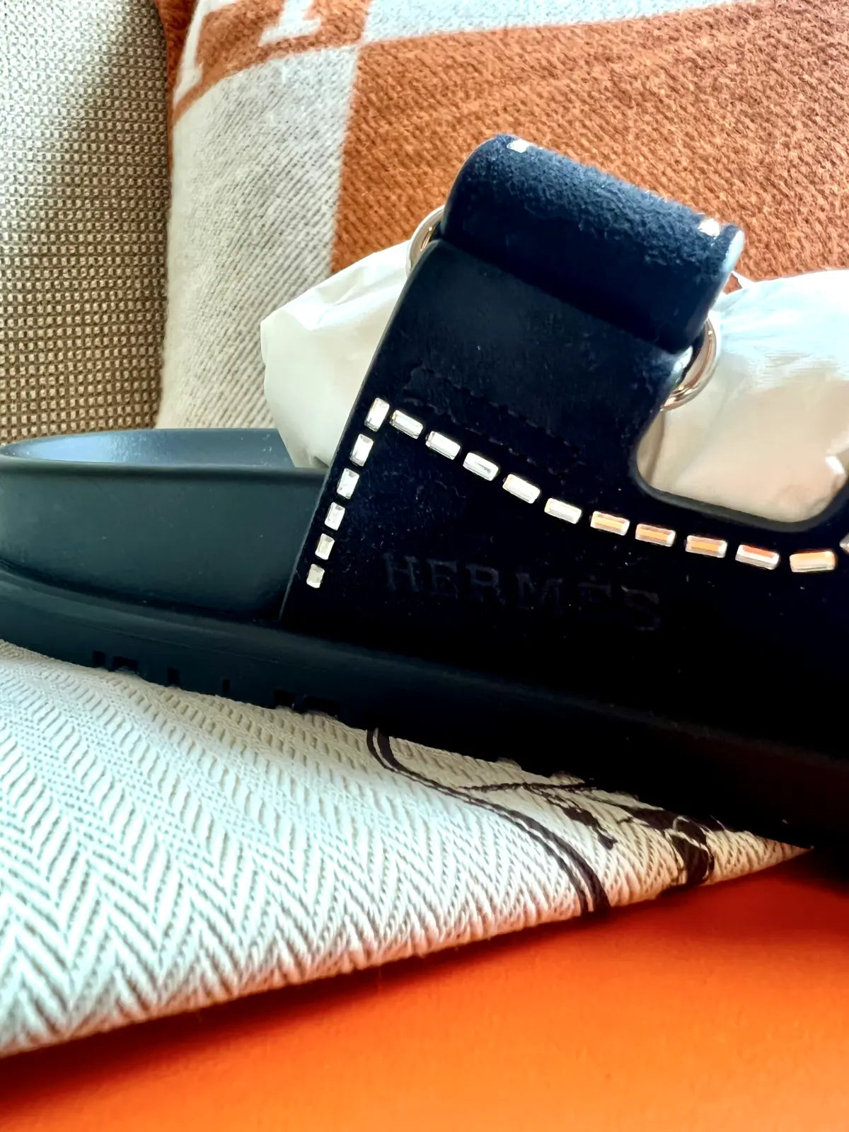 *BNIB* Hermes Womens Chypre Noir with Rhinestone Detail Calfskin Suede Size 37