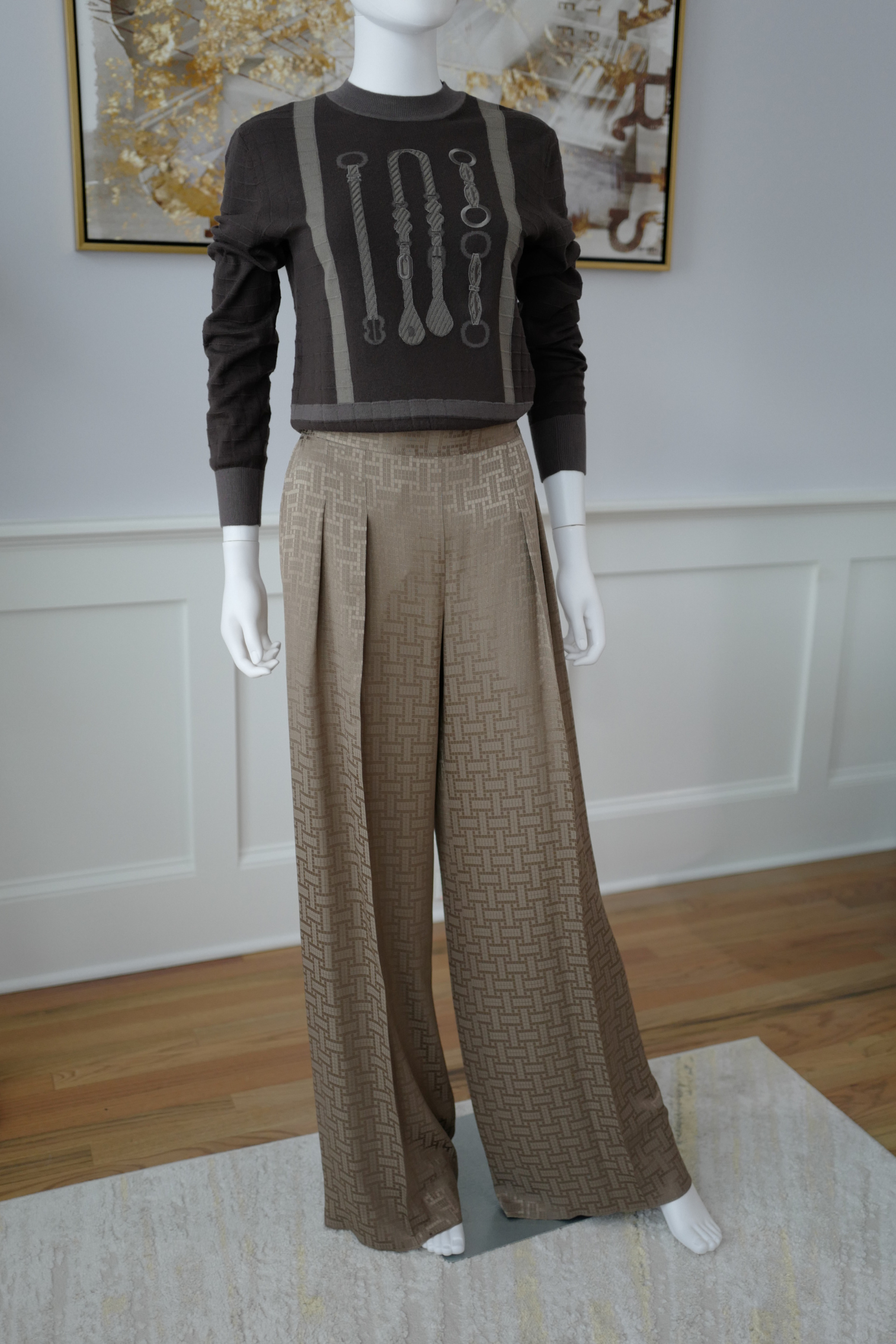 NEW Hermès "Mosaique" Wide Leg Pants Etoupe Size 34