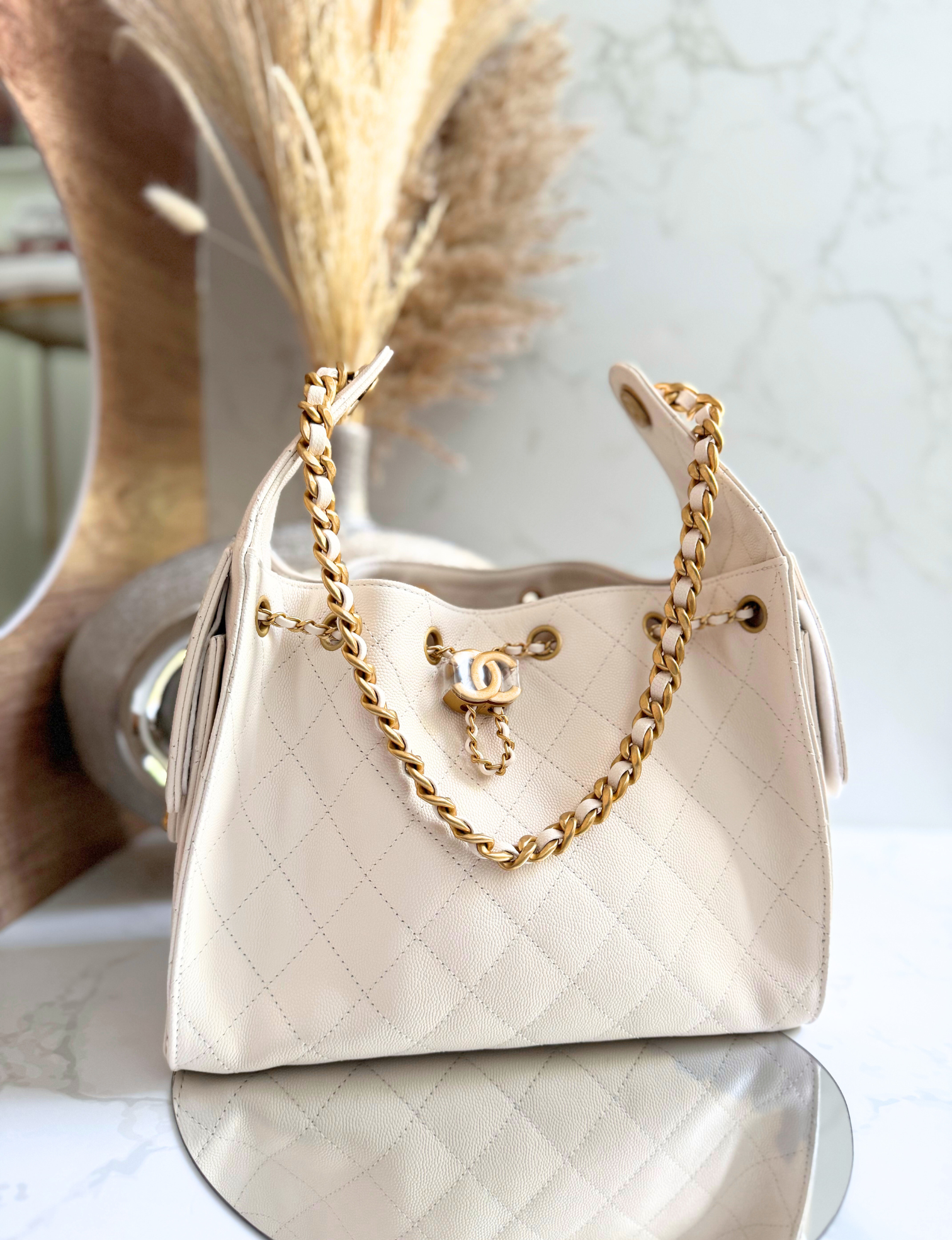 NEW Chanel Hobo Bag Small White Calfskin 25A Gold Hardware