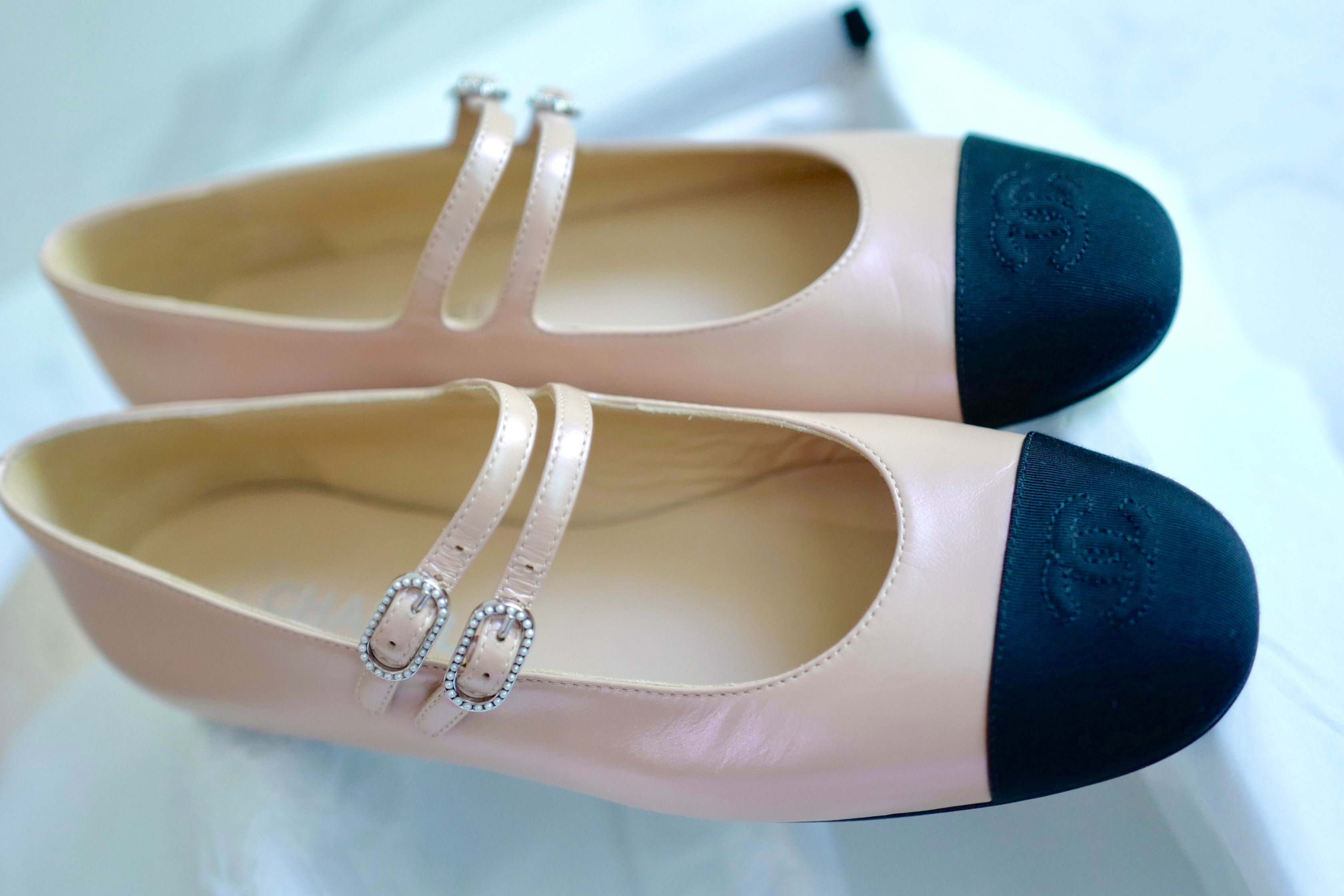 Chanel Lambskin Leather Mary Janes Flats Beige & Black With Straps Size 39