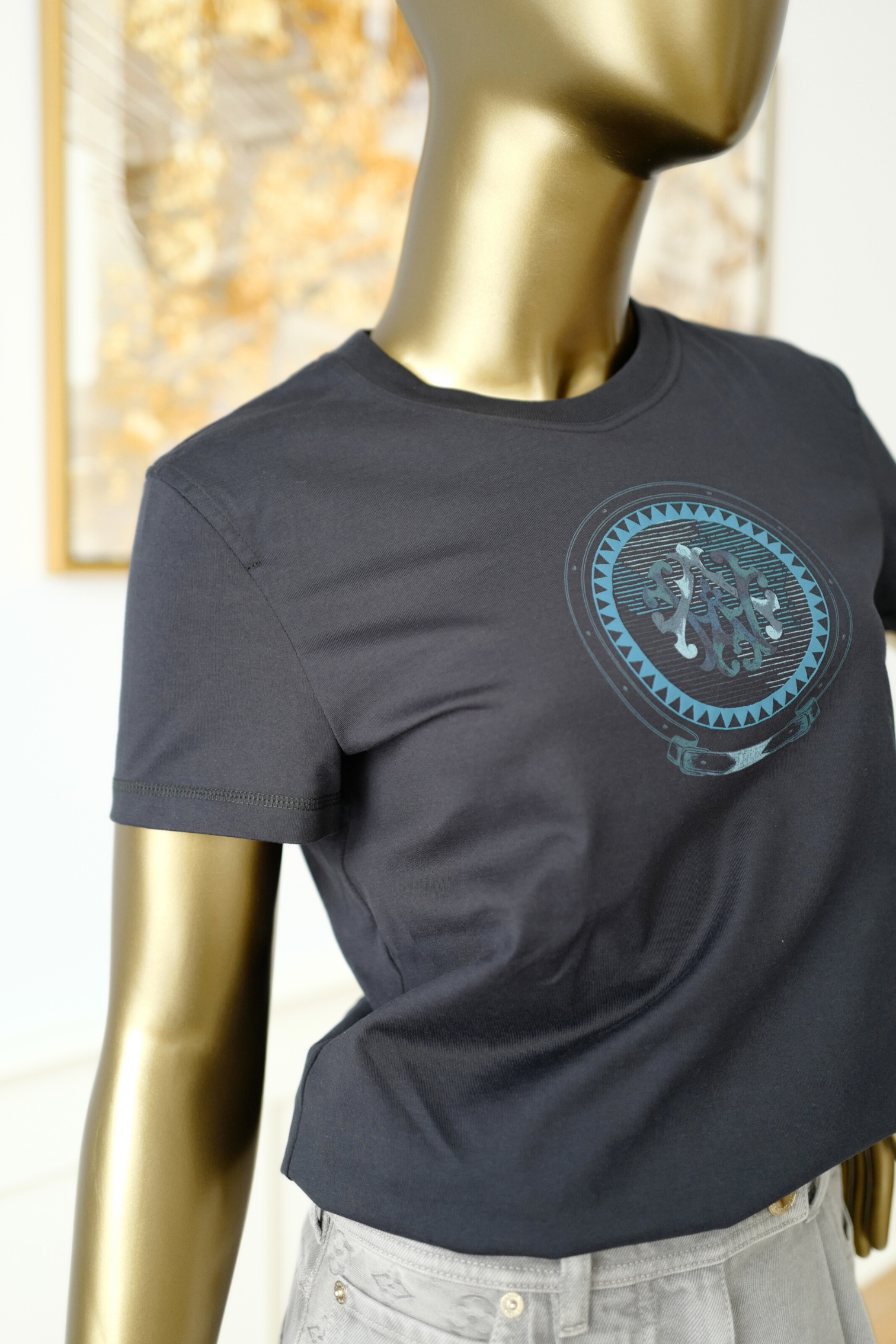 New Hermès Women’s Printed Straight T-Shirt Bleu Noir Size 36