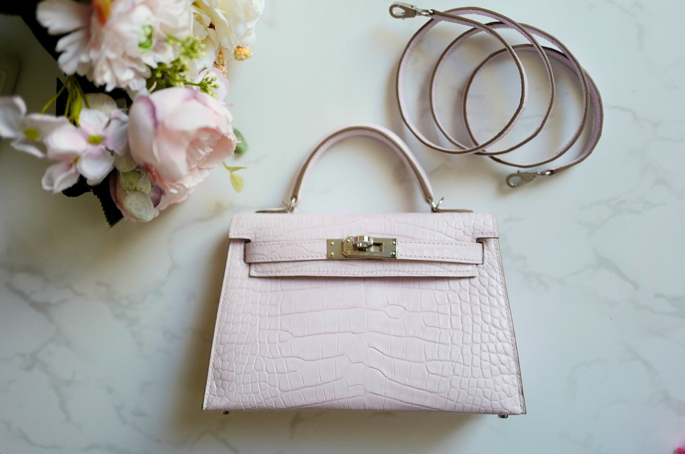 BNIB Hermès Mini Kelly 20 Mauve Pale Matte Alligator Palladium Hardware K Stamp 2025