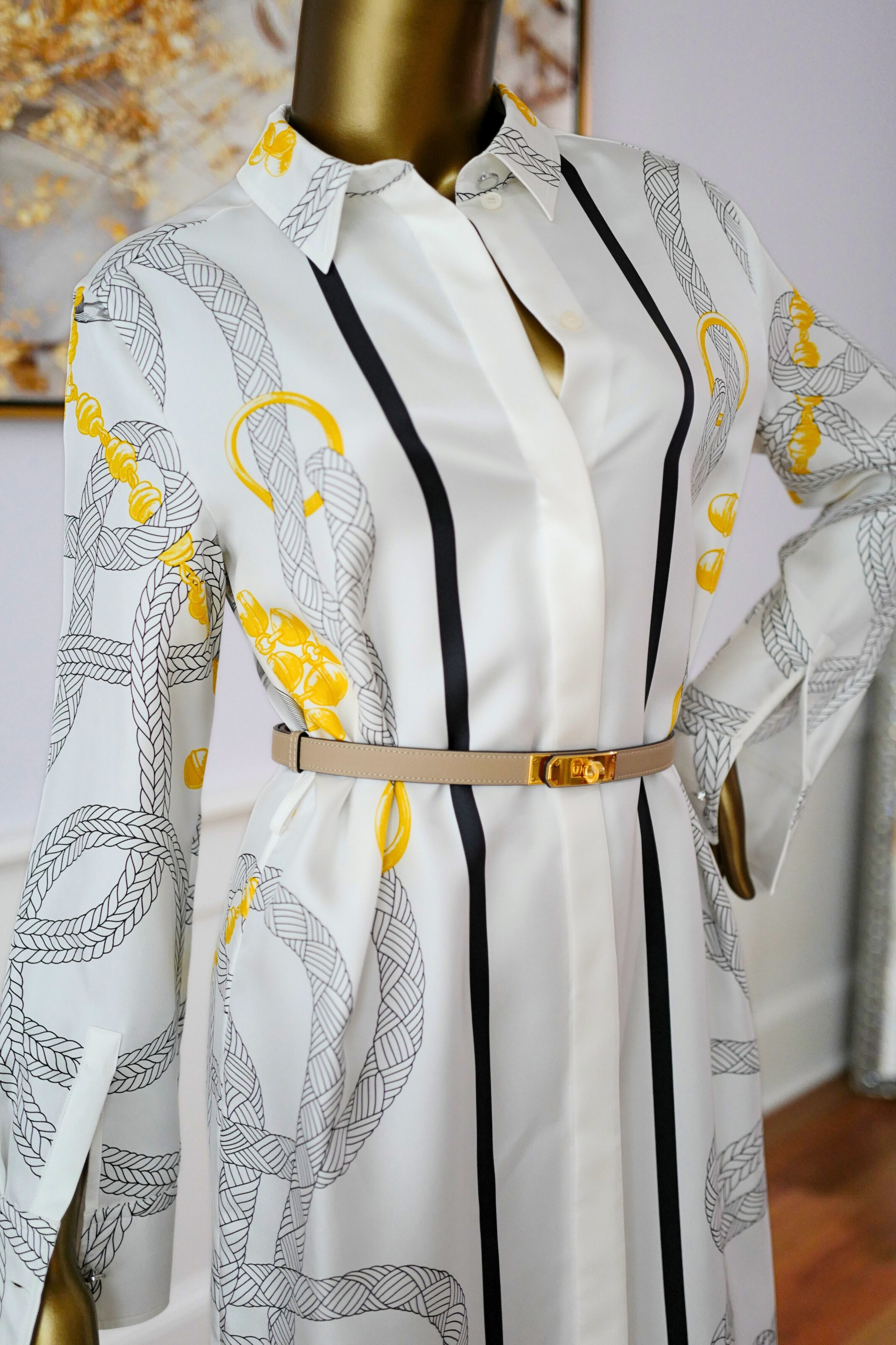 NEW Hermès "Palefroi Remix" Shirt Dress Blanc Nacre Silk Size 36