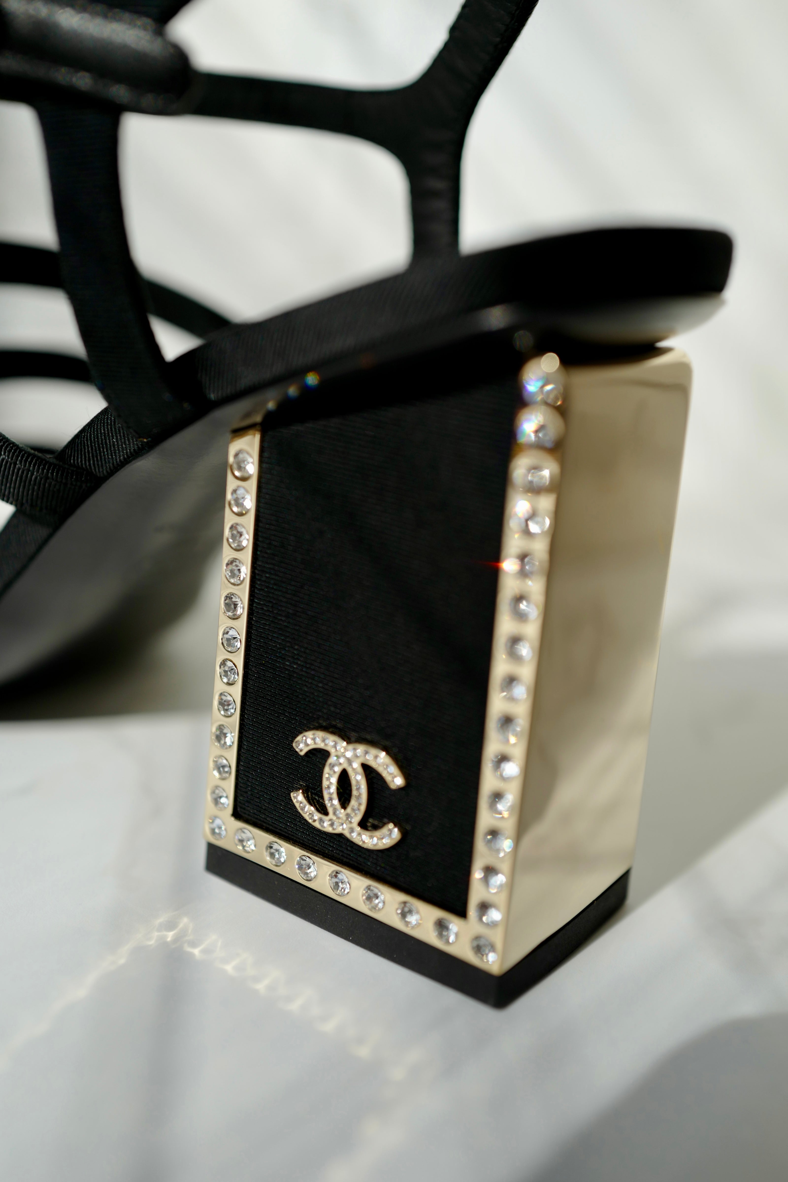 BNIB Chanel 24B Strappy Heels in Black with Crystals Rhinestone Heels size 38