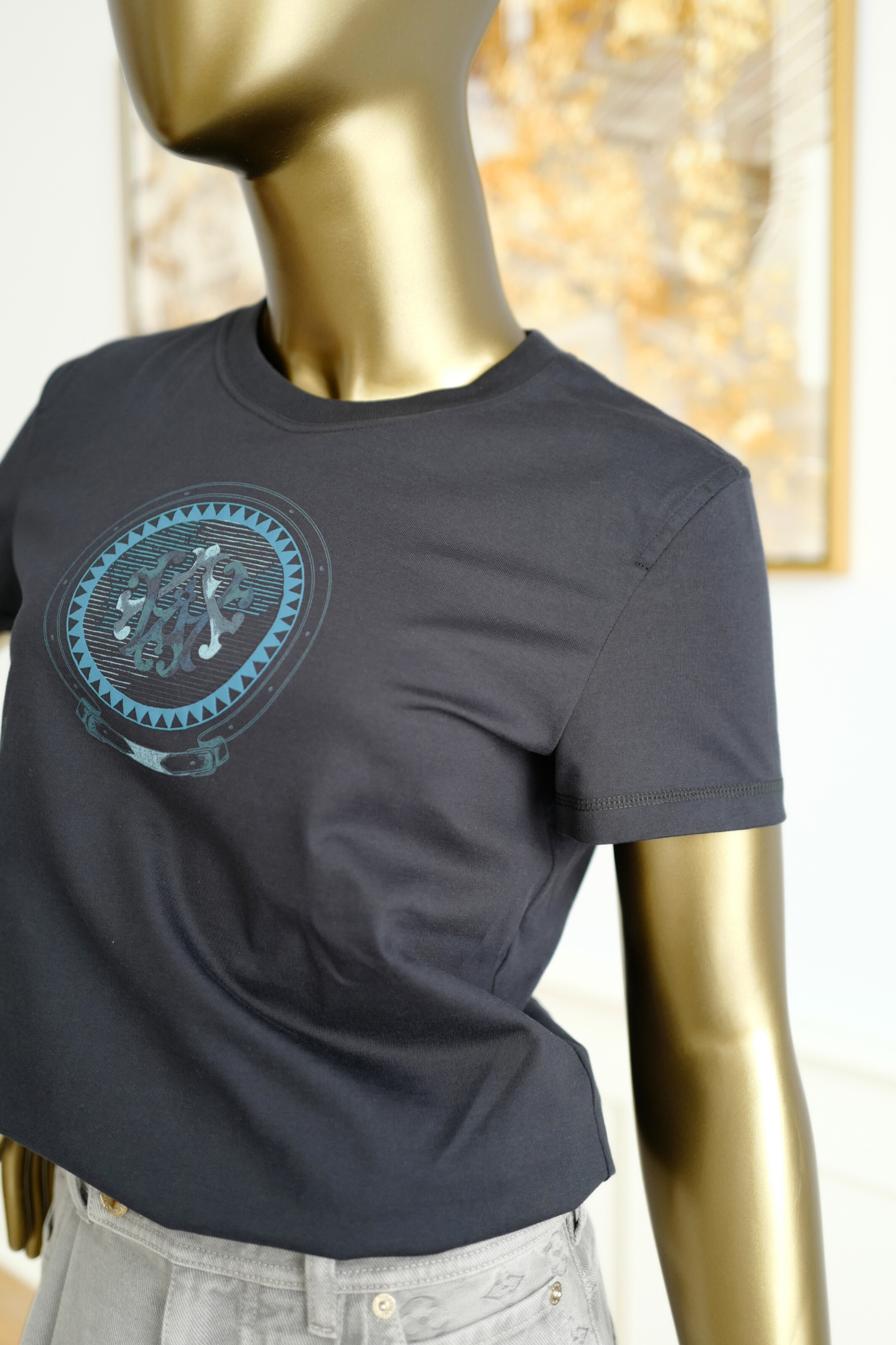 New Hermès Women’s Printed Straight T-Shirt Bleu Noir Size 36