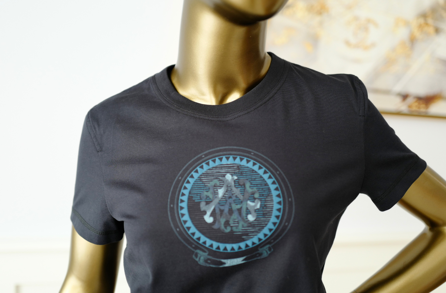 New Hermès Women’s Printed Straight T-Shirt Bleu Noir Size 36