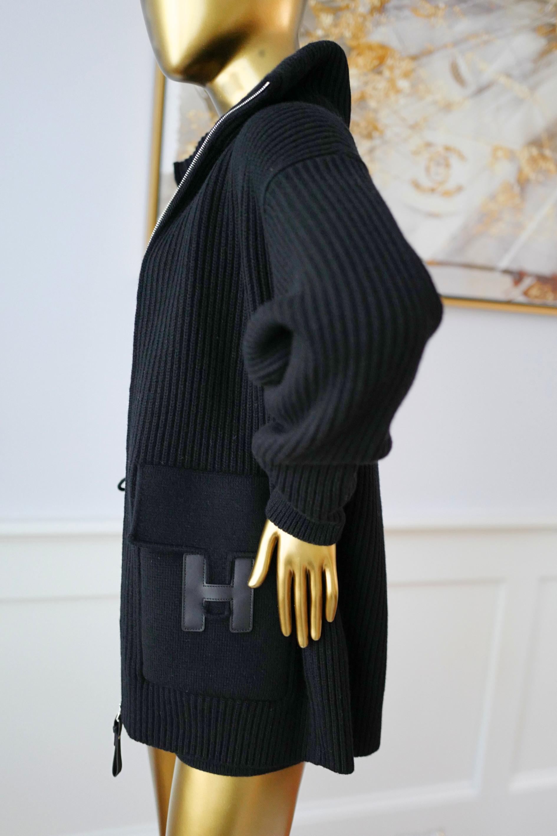 NEW Hermès Blouson Cardigan Jacket Black Wool with H Pockets Size 38