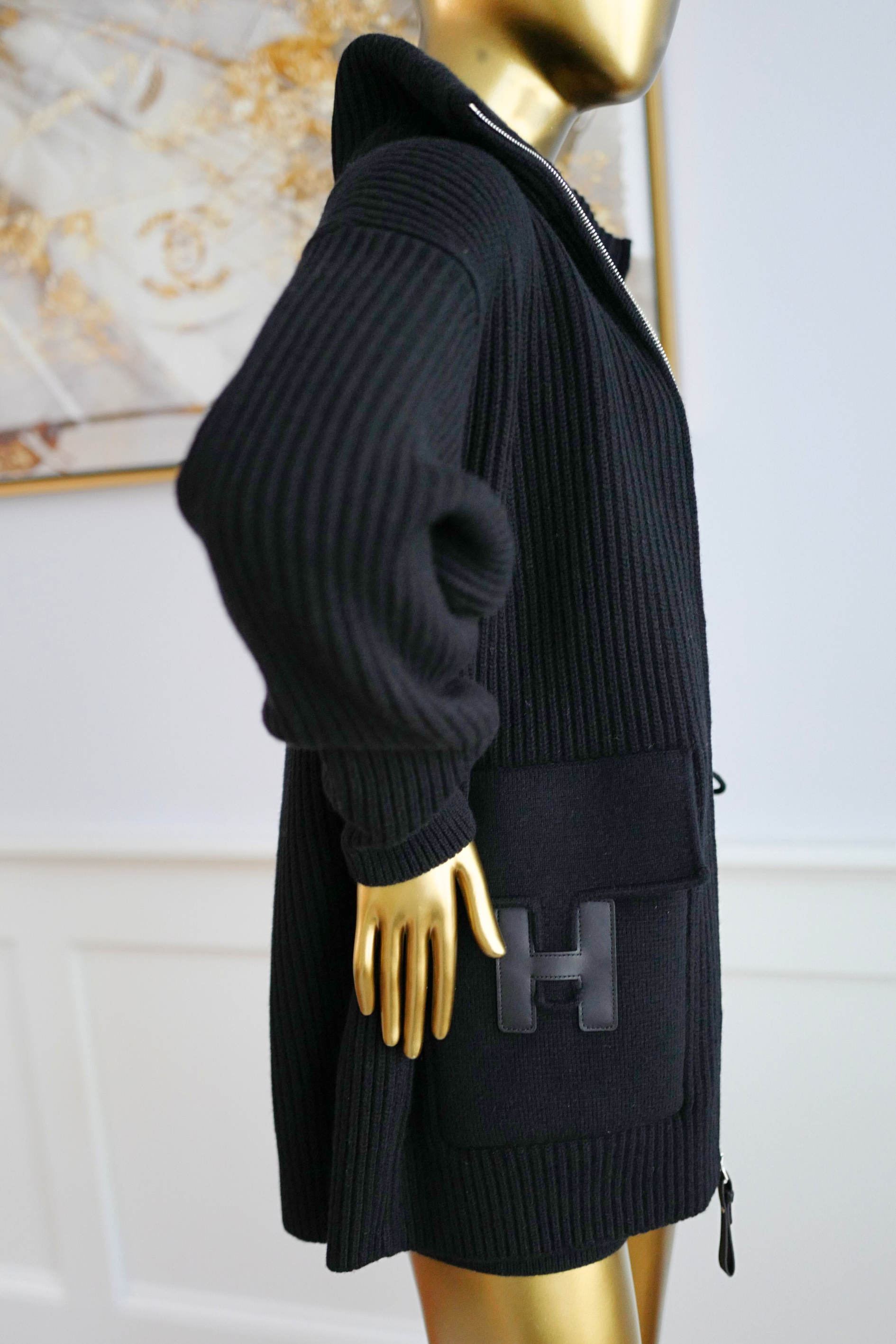 NEW Hermès Blouson Cardigan Jacket Black Wool with H Pockets Size 38