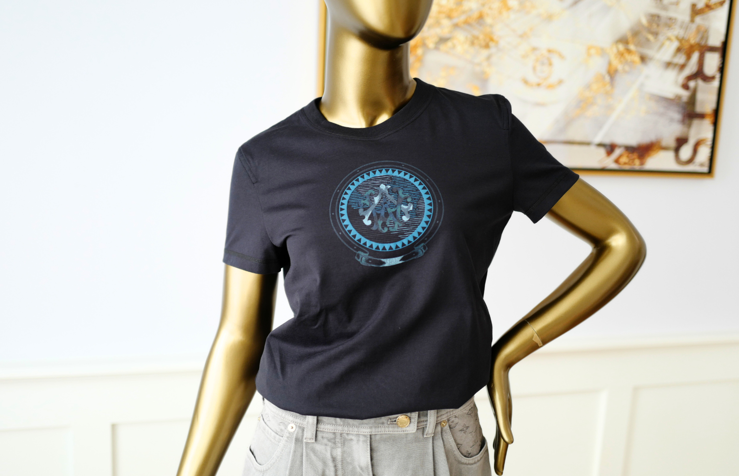 New Hermès Women’s Printed Straight T-Shirt Bleu Noir Size 36