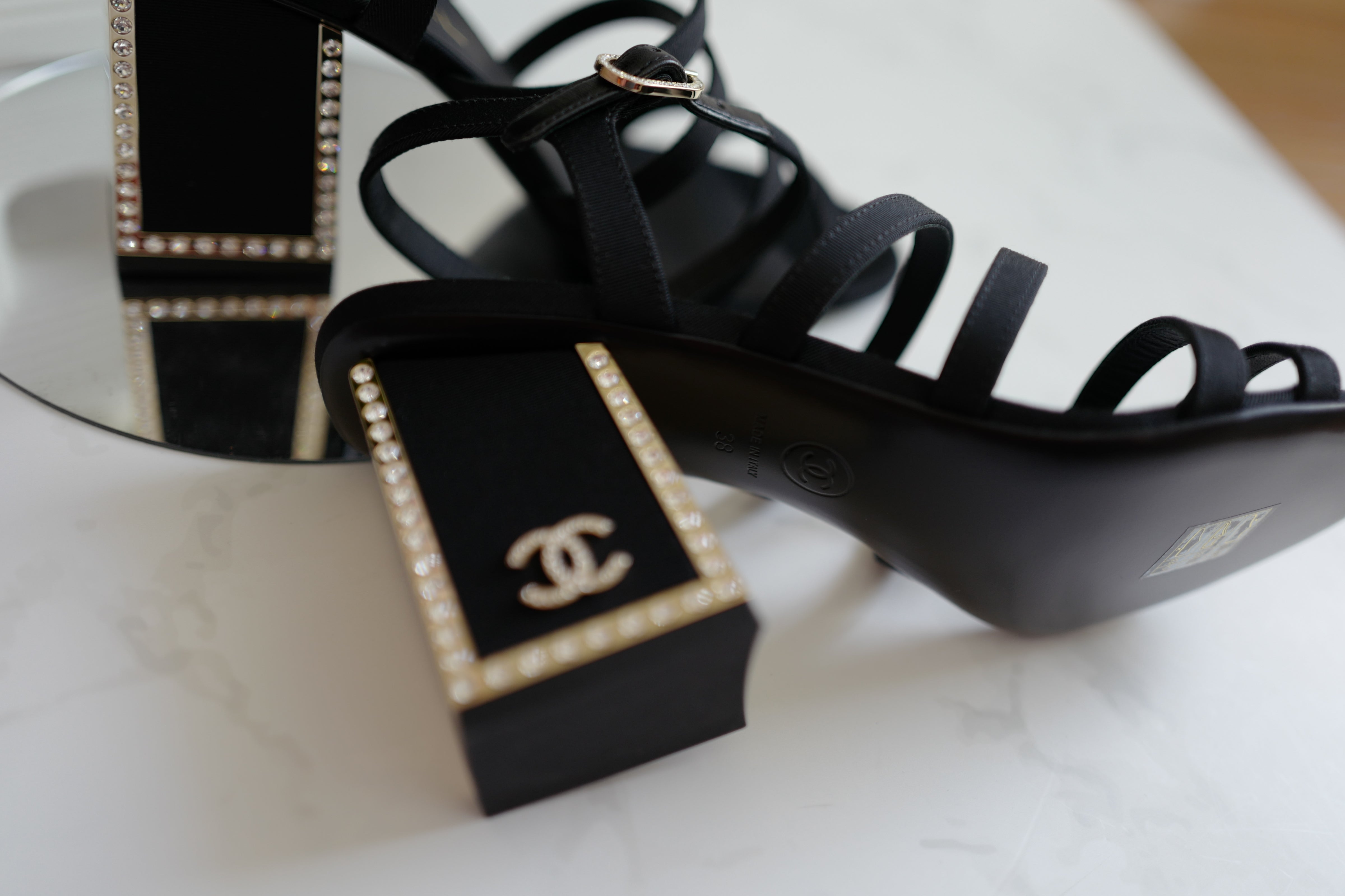 BNIB Chanel 24B Strappy Heels in Black with Crystals Rhinestone Heels size 38