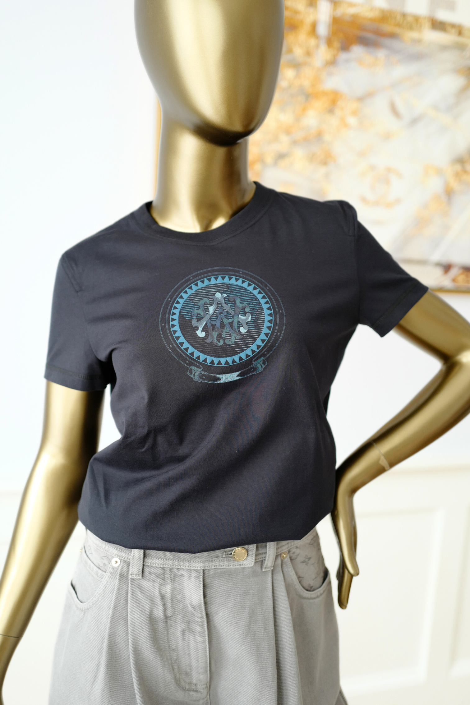 New Hermès Women’s Printed Straight T-Shirt Bleu Noir Size 36