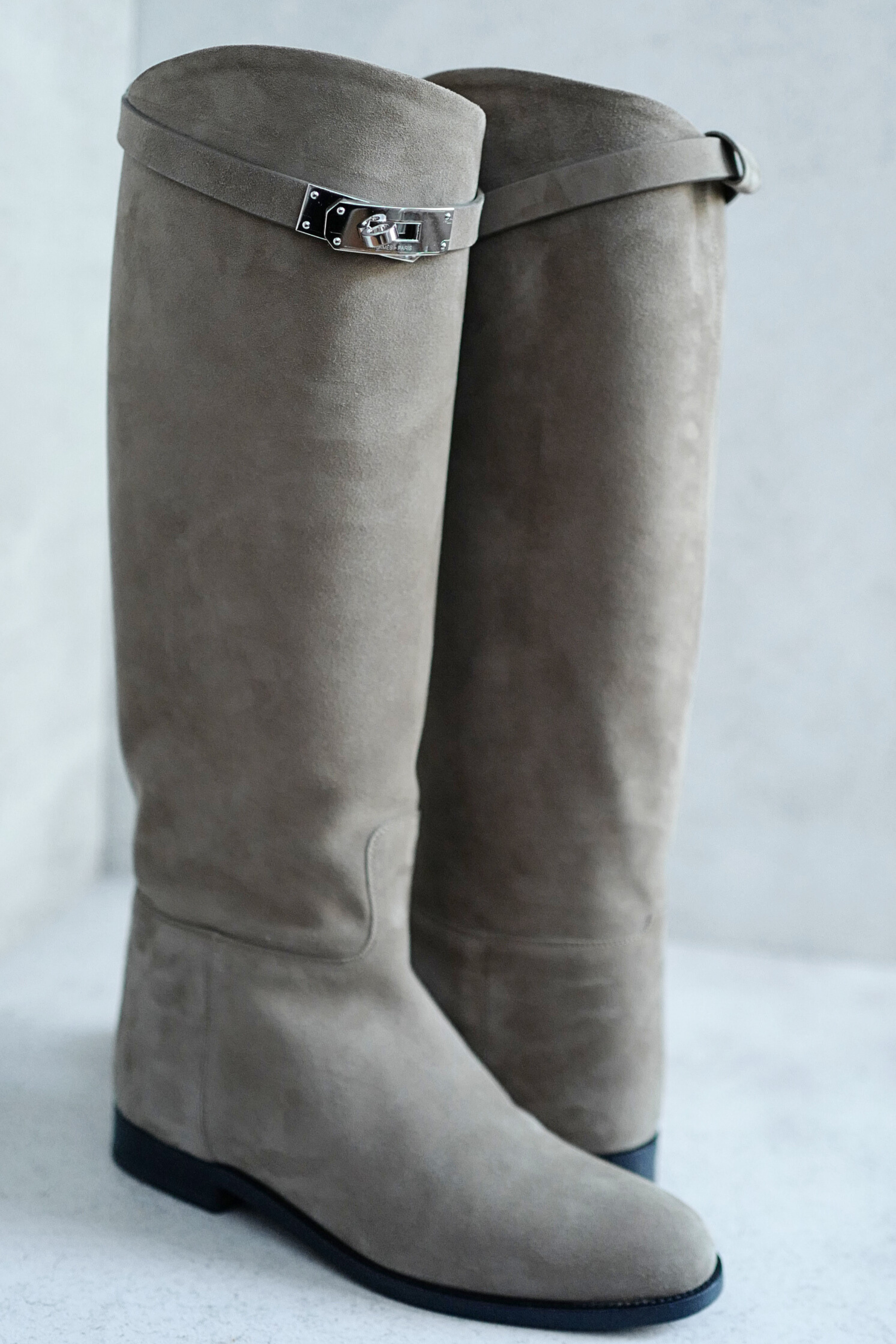 Hermès Jumping Supple Suede Goatskin Boots Étoupe with Palladium Hardware Size 38