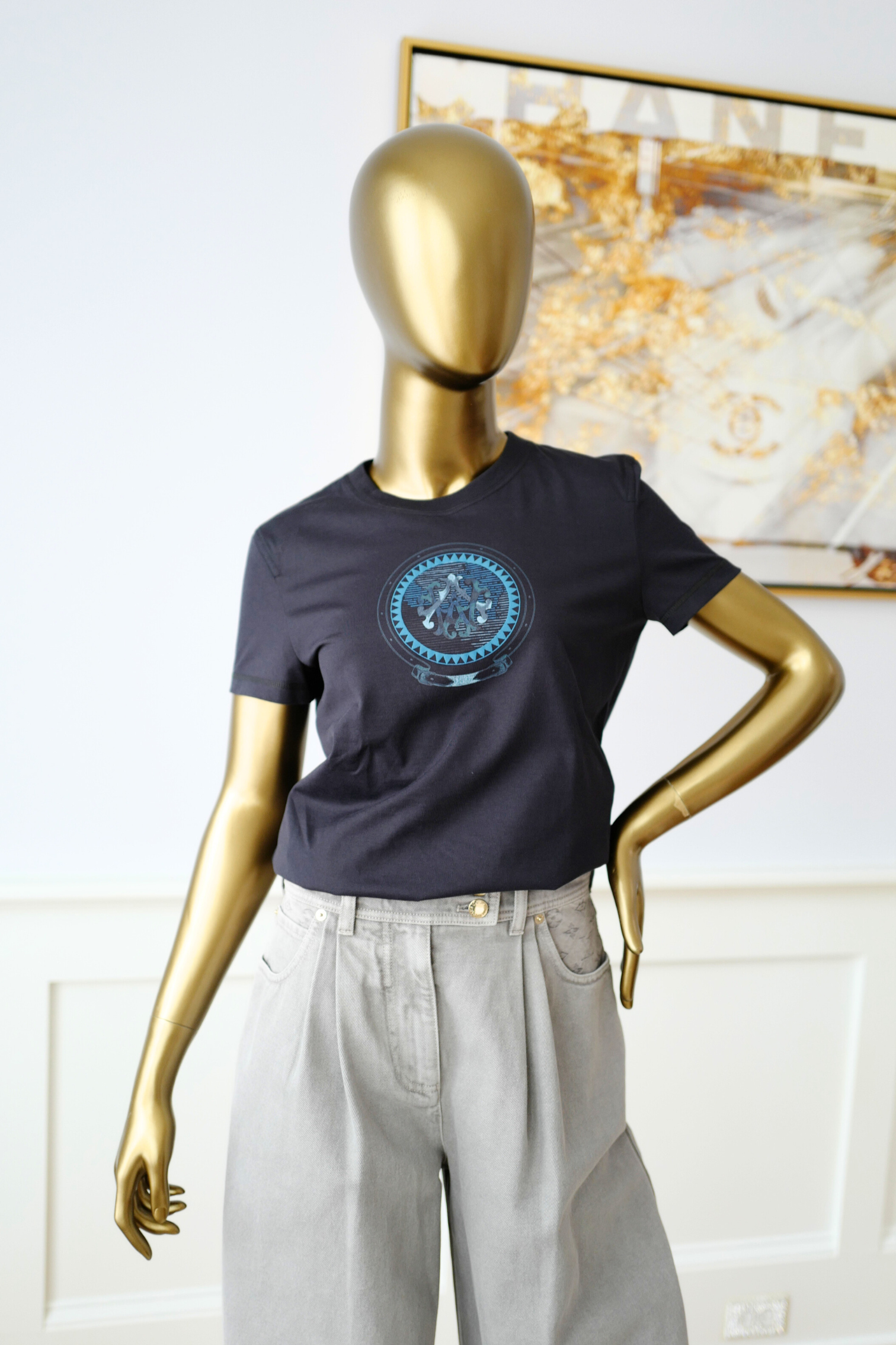 New Hermès Women’s Printed Straight T-Shirt Bleu Noir Size 36