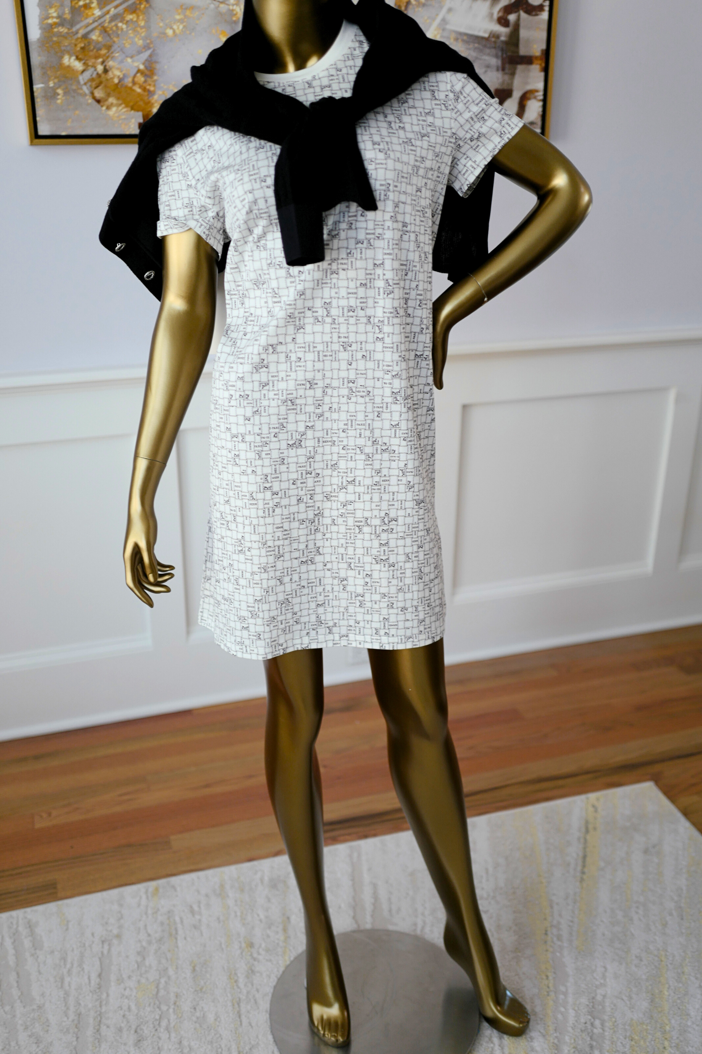 NEW Hermès Robe Droite Imprimée Bolduc au Carre Blanc Casse size 38