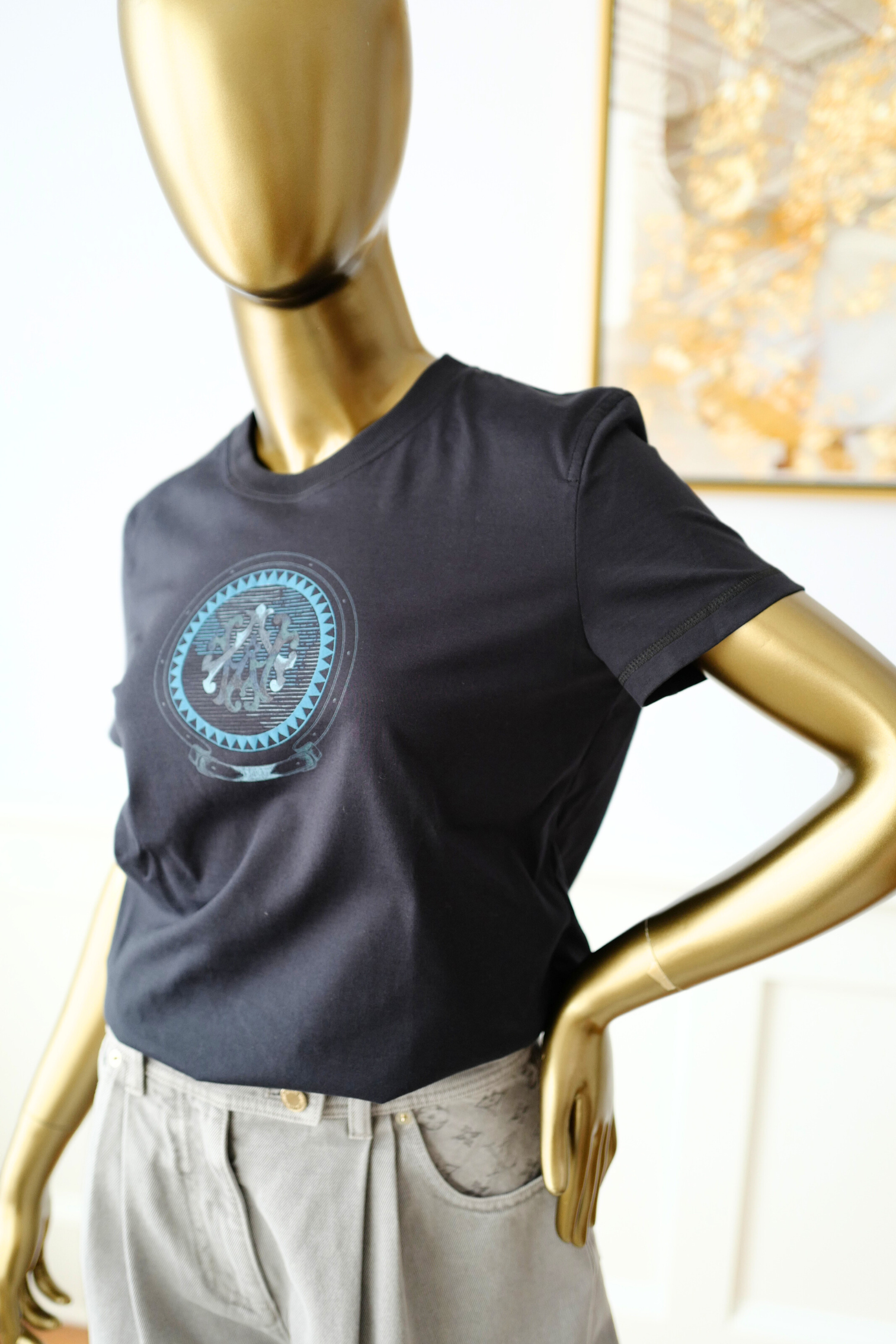 New Hermès Women’s Printed Straight T-Shirt Bleu Noir Size 36