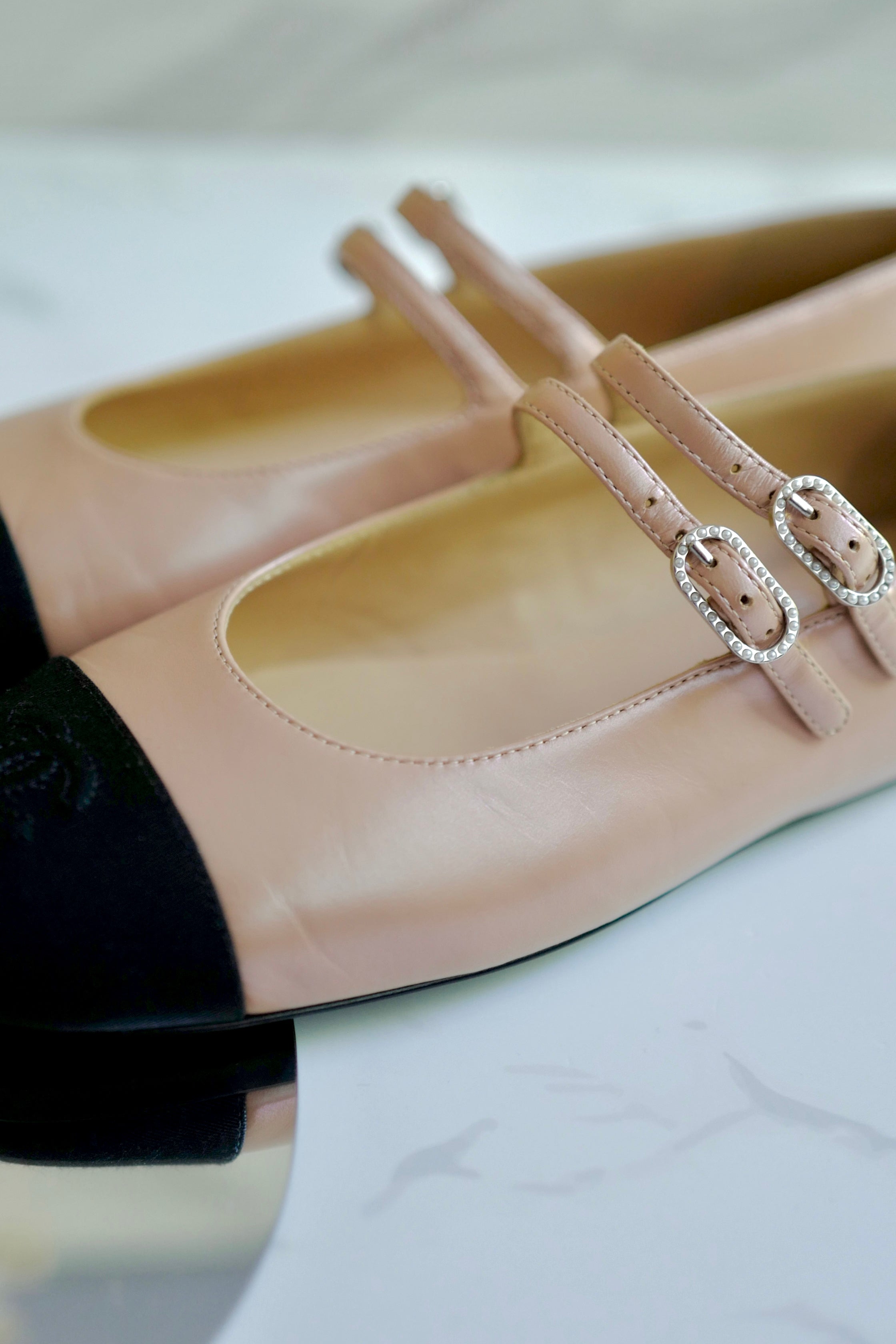 Chanel Lambskin Leather Mary Janes Flats Beige & Black With Straps Size 39