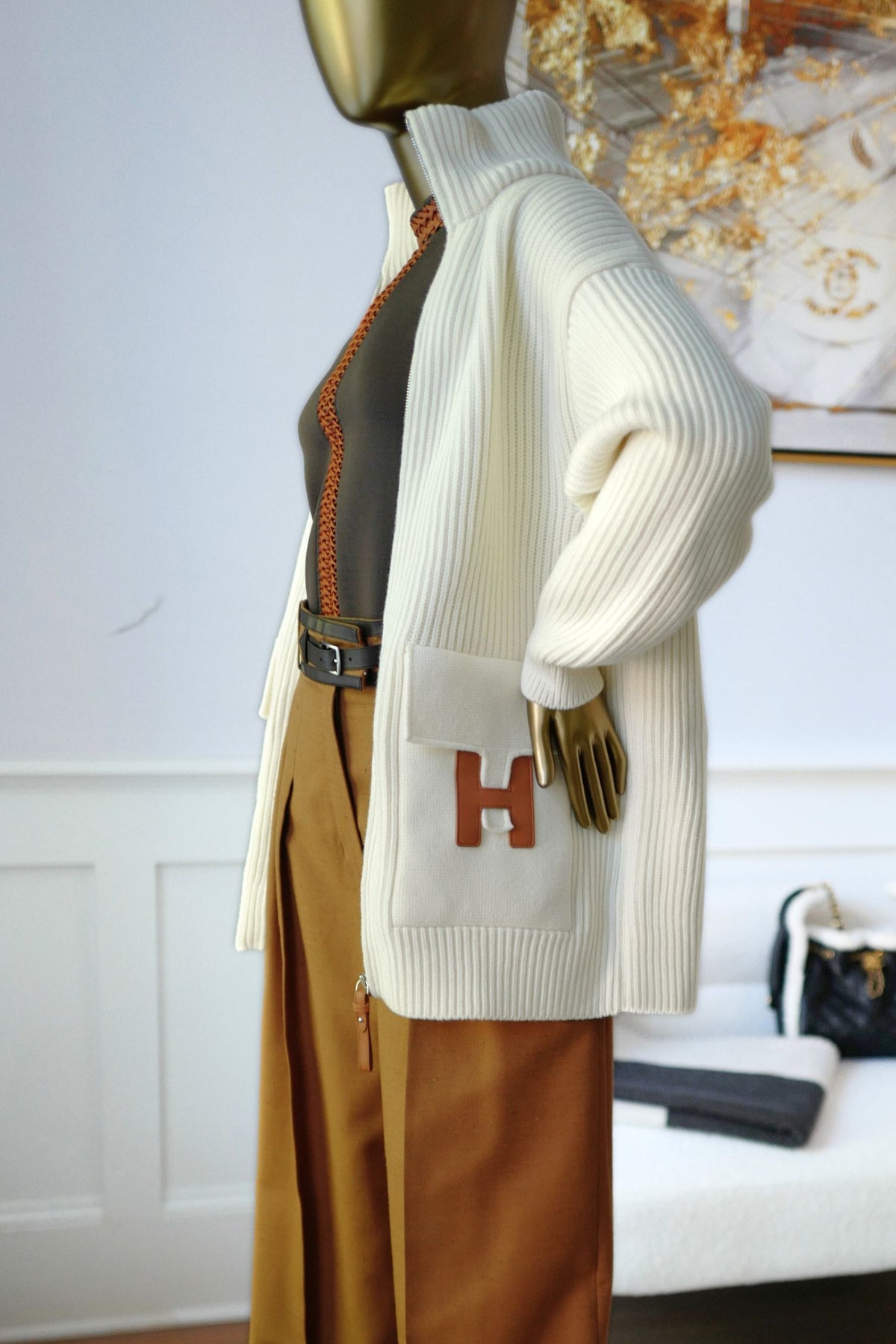 NEW Hermes Blouson Cardigan Wool Knit Blanc Naturel Size 34