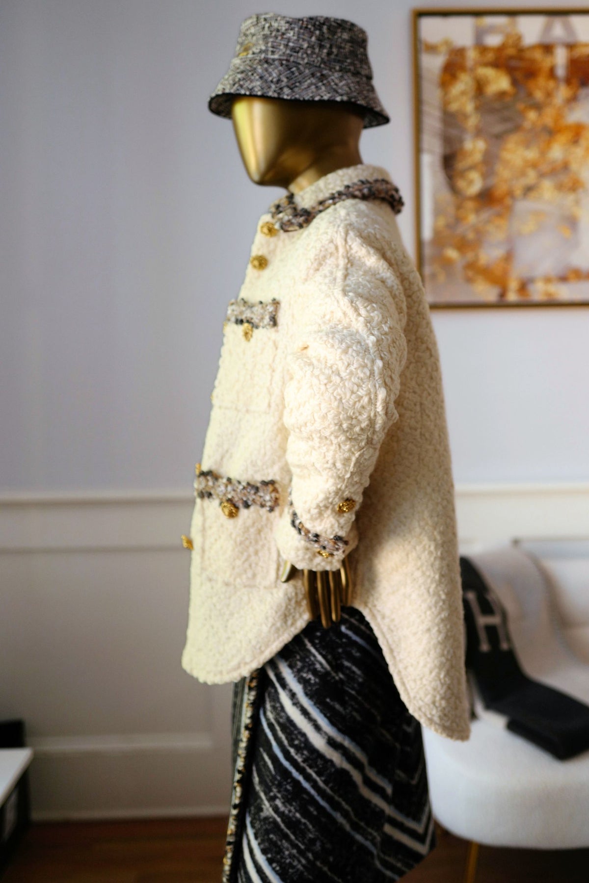 NEW Chanel 26K Oversized Jacket Wool String with Silk Lining Beige Size 36