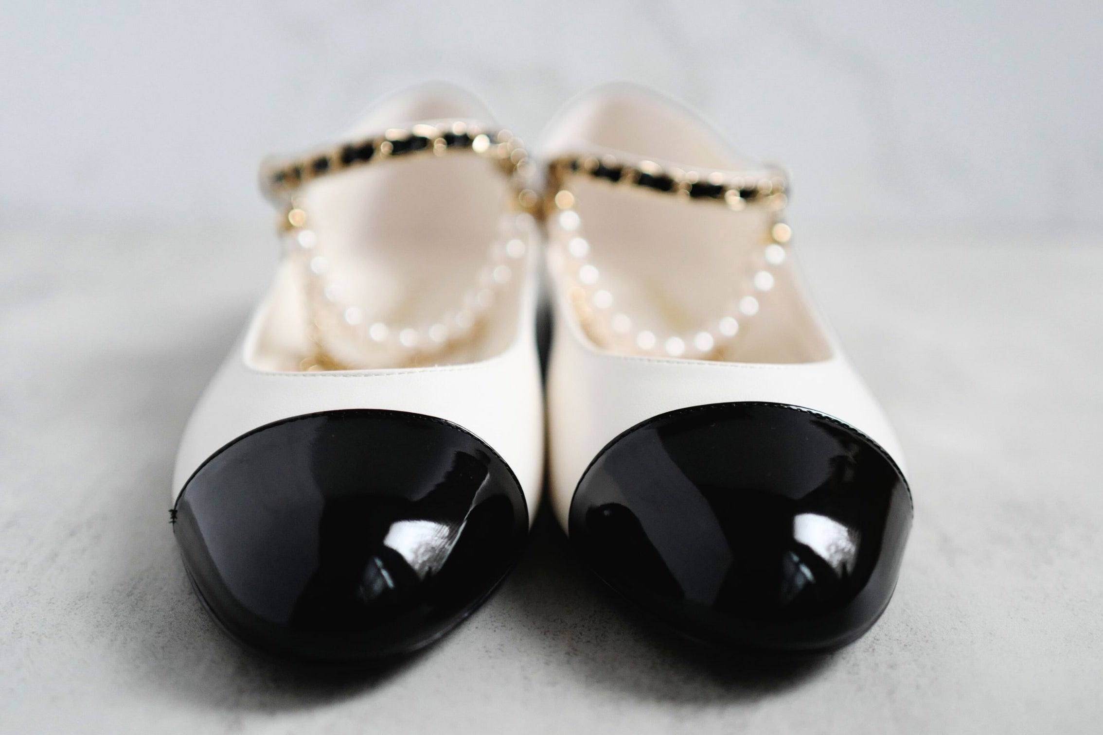 CHANEL Mary Jane Black/White Lambskin Patent Leather Pearl Detail Size 39