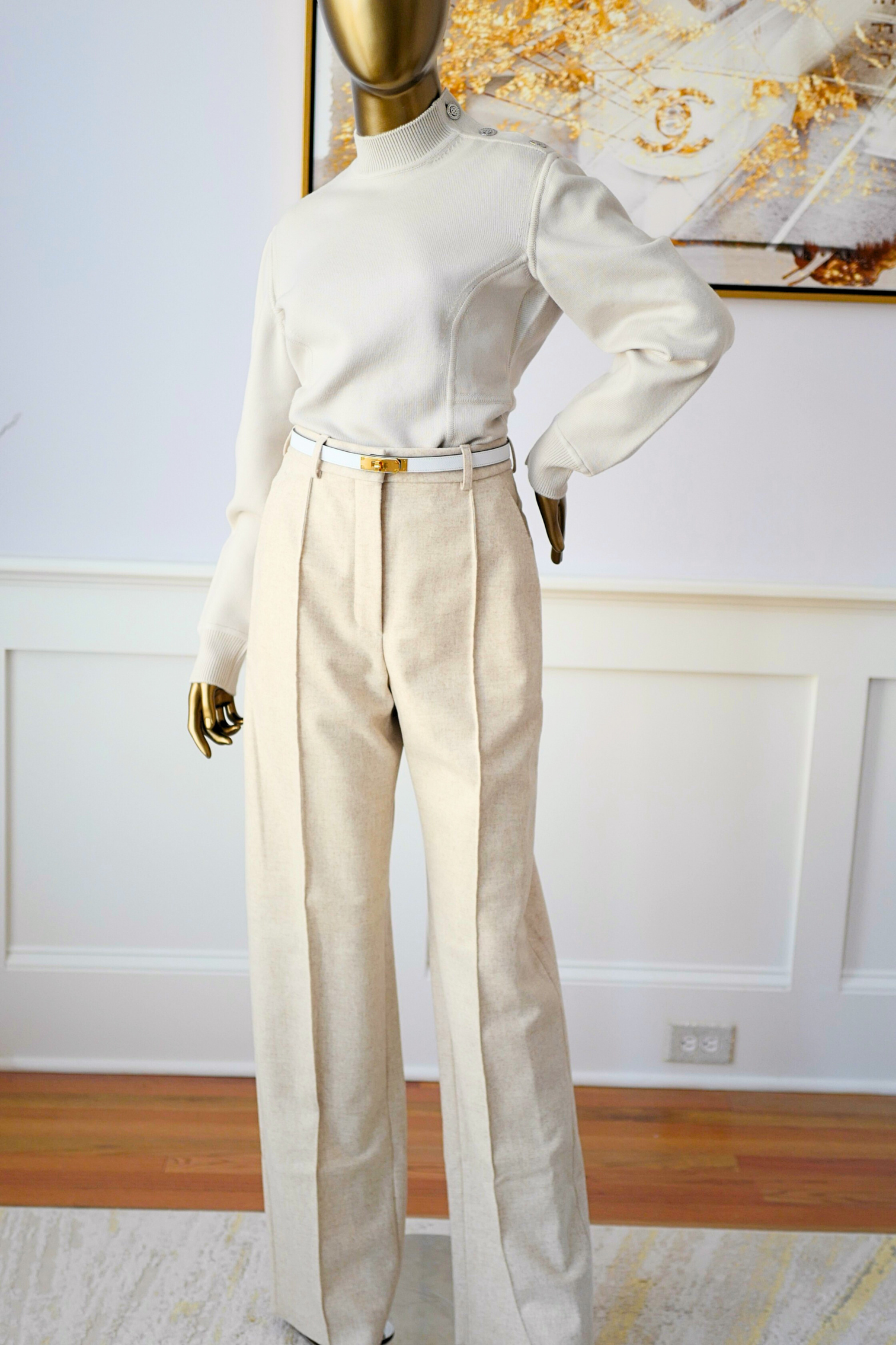 Hermès Sweater with Ferronnerie Button Details Jewel Knit Mock Neck Size 36 Beige Sable