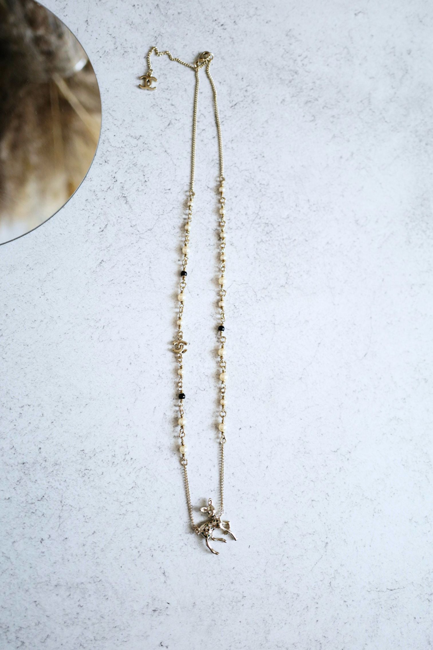 Chanel CC Deer Long Pendant Necklace Gold and Faux Pearl