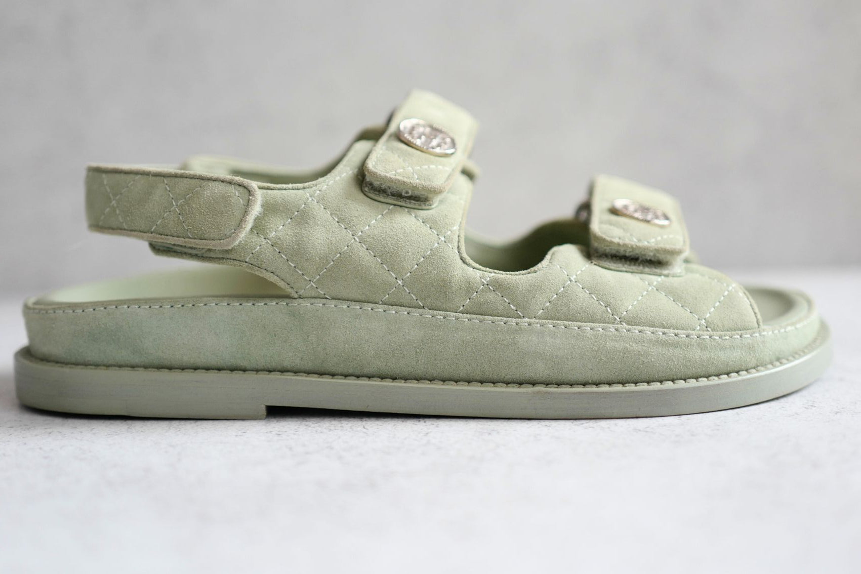 Chanel DAD SANDALS Green SUEDE LEATHER SANDAL Size 37 BNIB