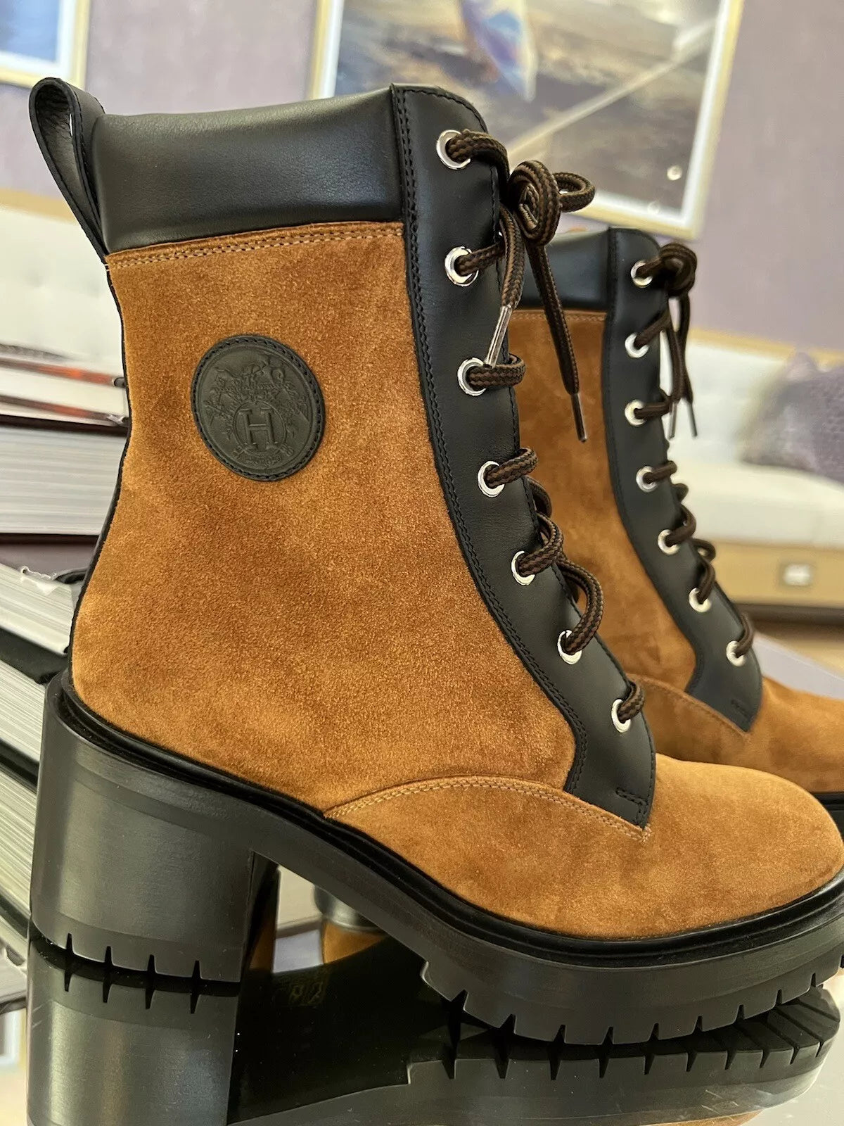 Hermes Bridge Suede Combat Boots Size 37.5 In Brown Over $1800 Retail