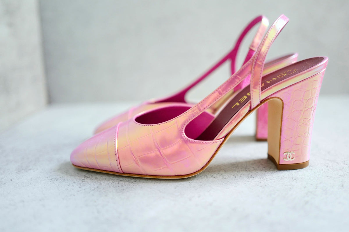 Chanel 26K Matthieu Blazy's Sling Backs Croc Embossed Calfskin Pink Size 38