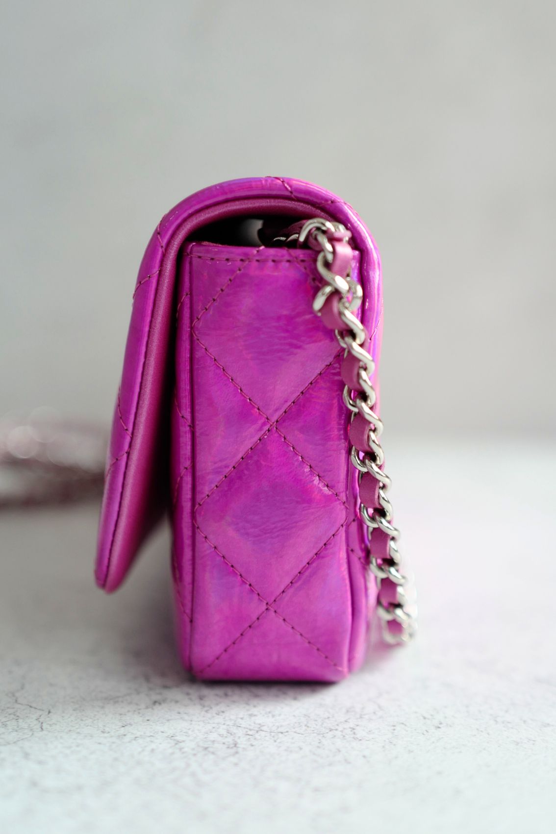 NEW Chanel Wallet on Chain Iridescent Mirror Goatskin Silver Fuchsia Cruise 24C