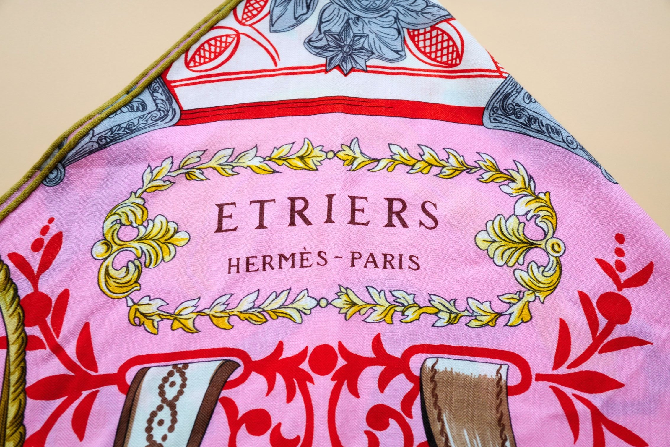 Hermès Etriers Triangle Scarf Pink Multicolor Cashmere Silk