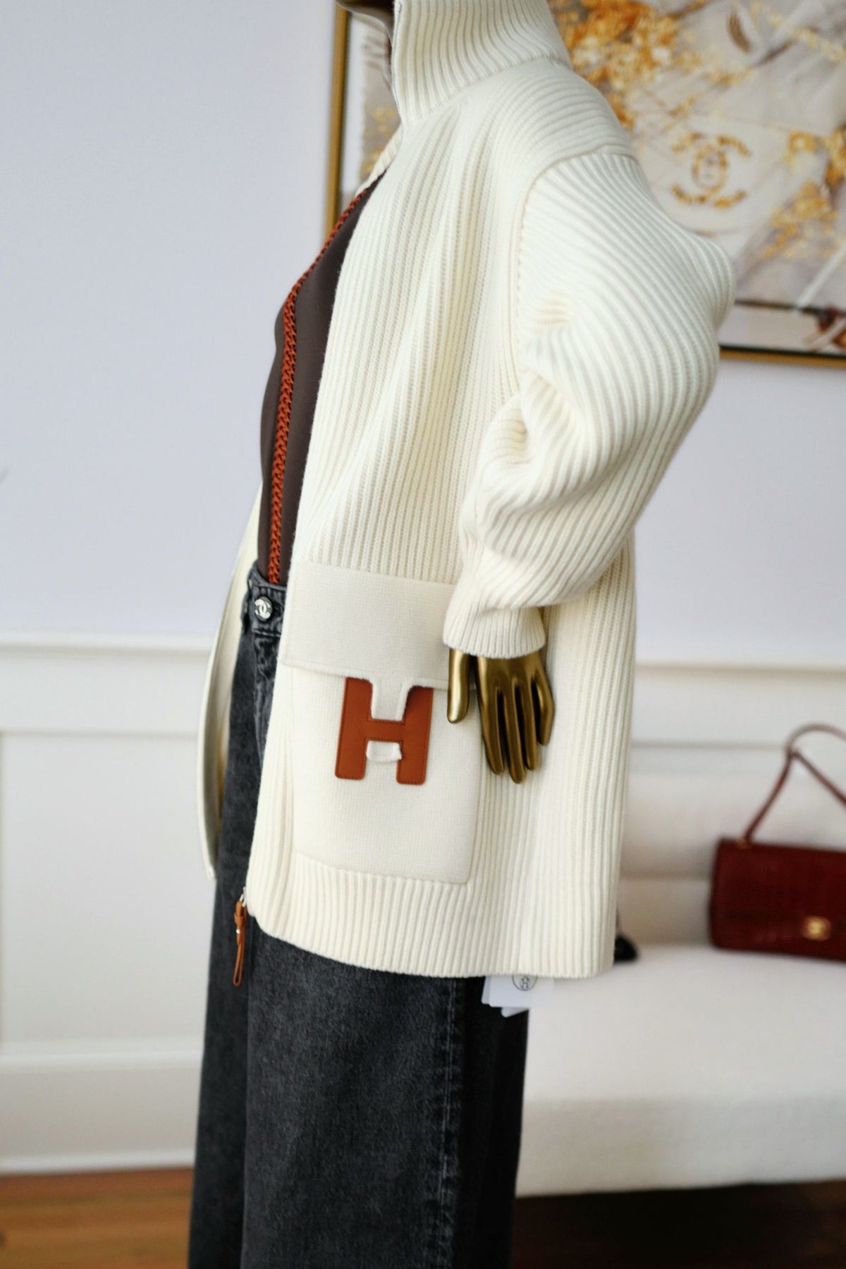 NEW Hermes Blouson Cardigan Blanc Naturel Wool Knit H Leather Pocket Size 34